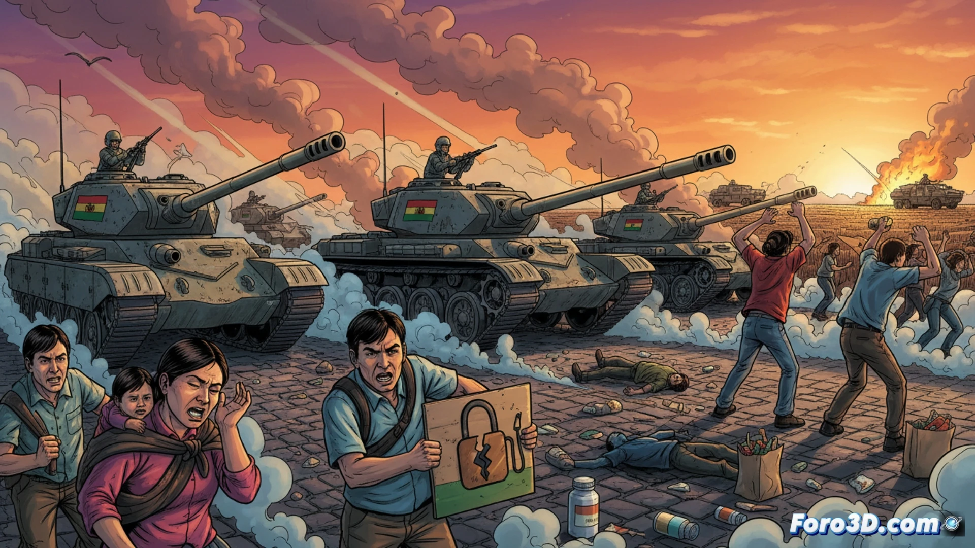 Bolivian military tank rolling through crowded city street during fuel price protests, soldiers with riot shields advancing while civilians block road with burning tires, smoke rising near pharmacy with empty shelves visible, dry cracked farmland in background contrasting with wealthy estate on hill, cinematic photorealistic documentary style, harsh midday sun casting long shadows, dust particles in air, tension visible in body language, realistic textures on military vehicles and protest signs, dramatic wide-angle composition, ultra-detailed urban conflict scene