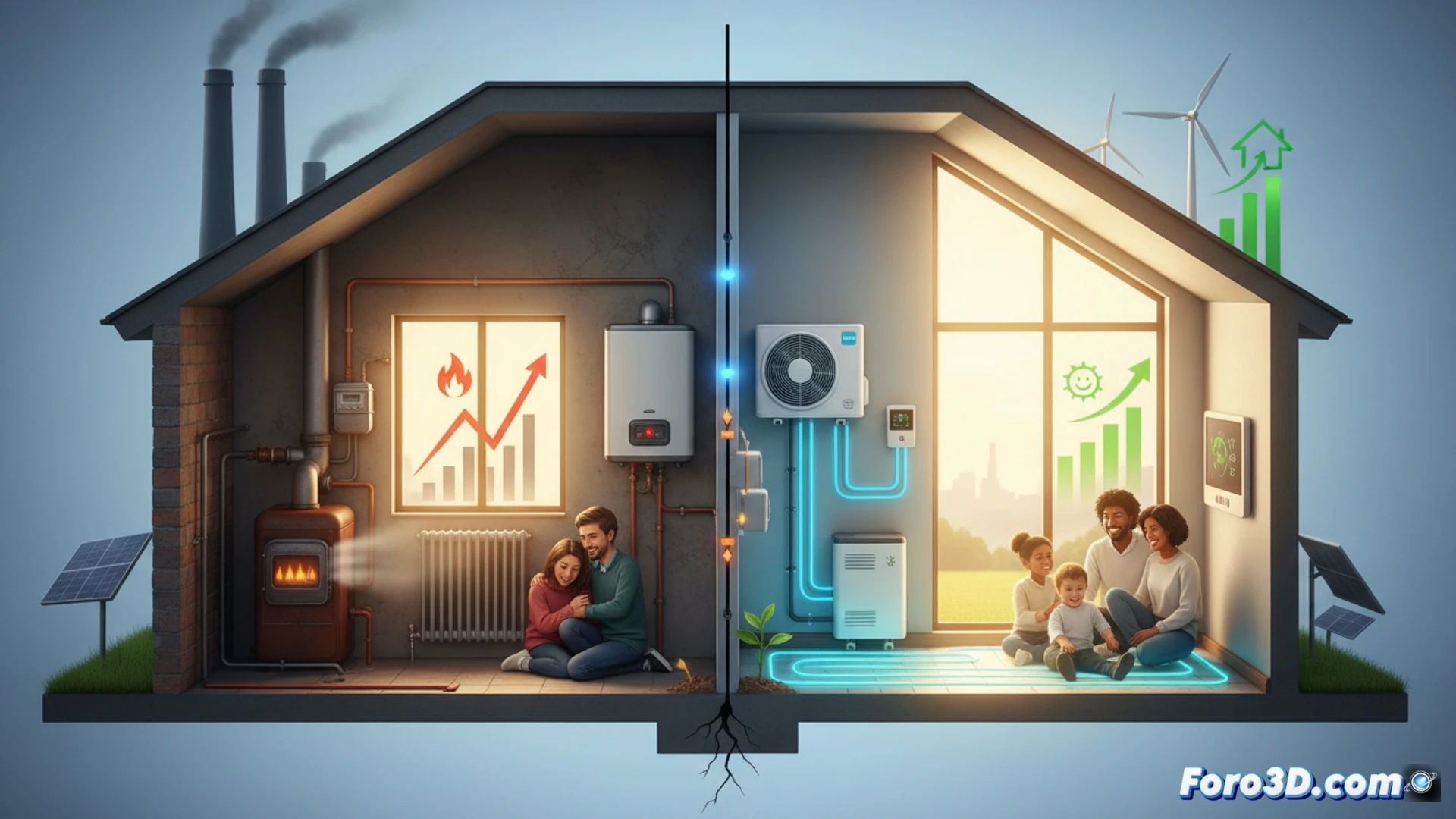 French house exterior, modern heat pump unit mounted on wall with visible copper refrigerant lines and electrical wiring, technician in workwear using digital multimeter to check voltage at compressor terminals while another installer adjusts thermostat settings on a smartphone app, gas meter in background with rising price indicator arrow glowing red, photorealistic architectural visualization, soft winter sunlight casting long shadows, frost on grass, heat pump emitting faint blue glow from condenser fan, detailed HVAC components, metallic grille, pressure gauges, cutaway view of ground loop pipes buried beneath frost-covered lawn, dramatic contrast between old gas pipeline and new electric system, cinematic engineering render