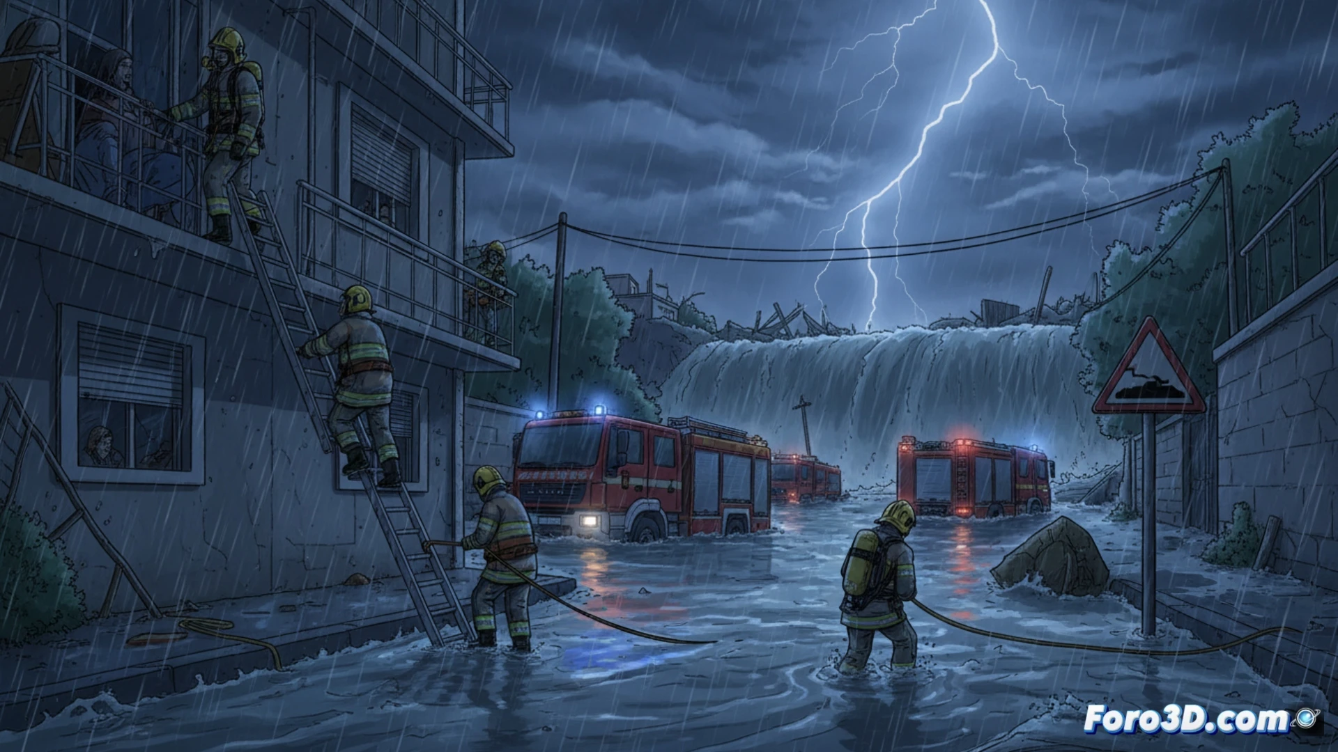 Descripción detallada: calle inundada en Zaragoza bajo lluvia torrencial, un camión de bomberos rojo con luces encendidas achica agua, un coche semisumergido y rescatistas con chalecos amarillos asisten a conductores; al fondo, nubes grises y un cartel de la CHE.