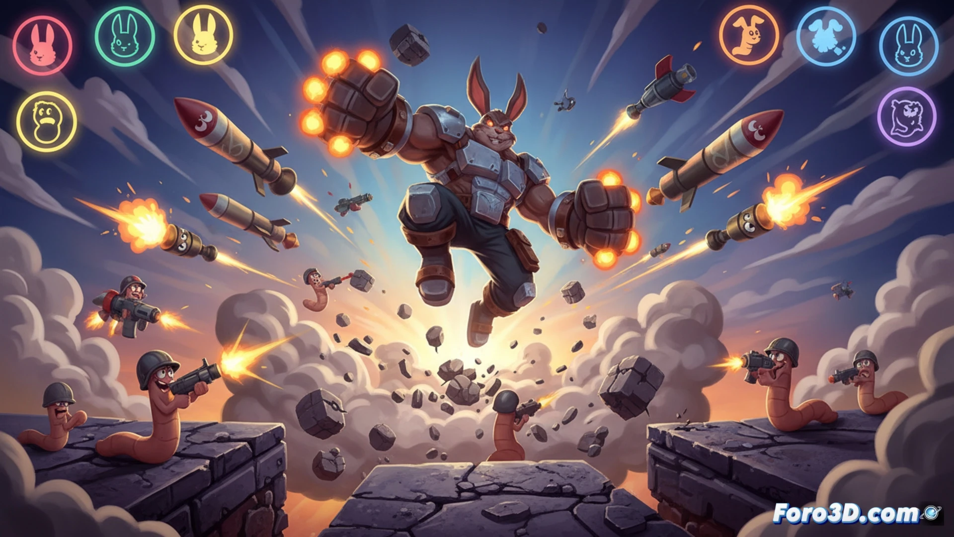 Un conejo bommy salta entre plataformas que explotan, mientras ocho personajes luchan en un caos multijugador con artillería destructible.