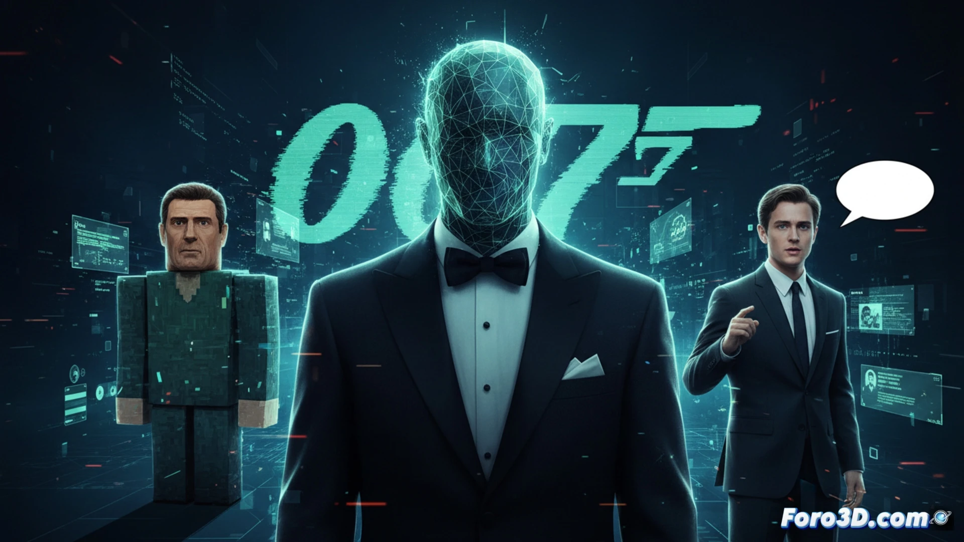 Un primer plano de un rostro digital de Bond sin facciones claras, con reflejos de Brosnan y Gibson, sobre un fondo de códigos binarios y sombras de videojuego.