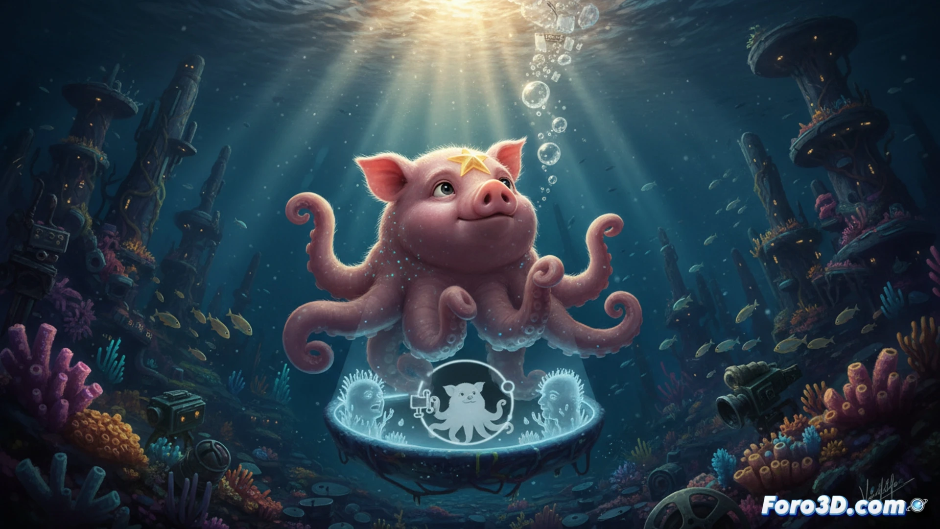 Un pulpo cerdo sonríe bajo el mar, mirando al sol con grandes ojos, rodeado de burbujas y un documental flotante.