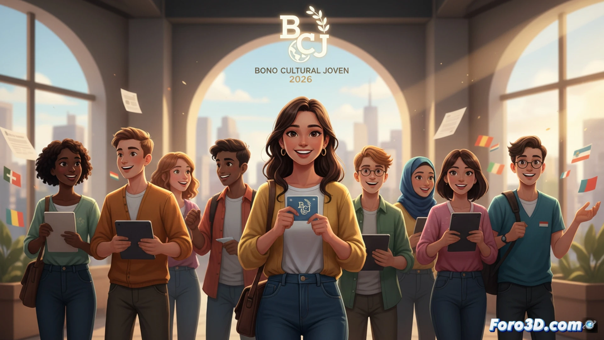 Joven migrante sonriente sostiene tarjeta del Bono Cultural 2026, con libros y entradas de teatro sobre fondo de banderas de España y UE.