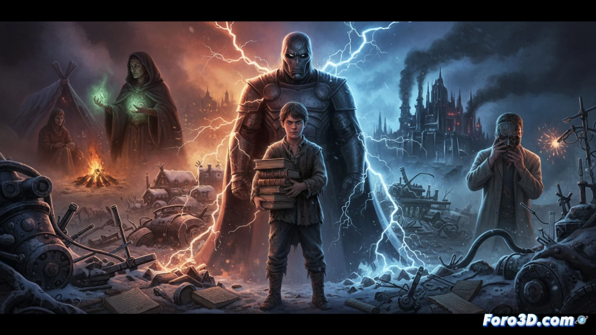 Victor Von Doom as a young boy in a Latverian laboratory, assembling a complex quantum computer from scrap metal and glowing wires, sparks flying during the soldering process, while his mother's magical amulet hangs around his neck, showing the fusion of science and sorcery, cinematic engineering visualization, dark stone walls with holographic schematics projected on them, dramatic side lighting casting long shadows, realistic metal textures and circuit board details, photorealistic technical render