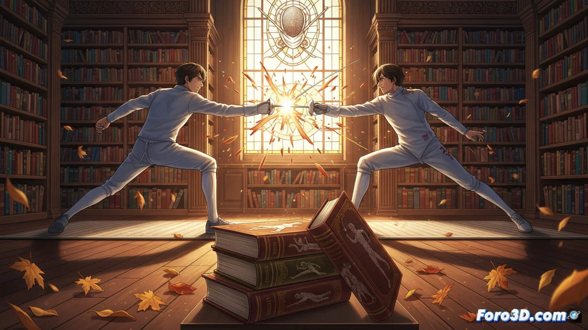 two teenage fencers in white uniforms facing each other on a polished competition piste, one lunging forward with a foil while the other parries, blades making contact with visible motion trails, gymnasium setting with overhead lights casting dramatic shadows, wooden floor reflecting action, audience blurred in background, sports equipment like scoring machines and cables visible at edge of frame, cinematic sports photography style, dynamic mid-action pose, sweat droplets catching light, fabric wrinkles showing movement, dramatic low-angle shot, photorealistic render, golden hour warm lighting from side windows