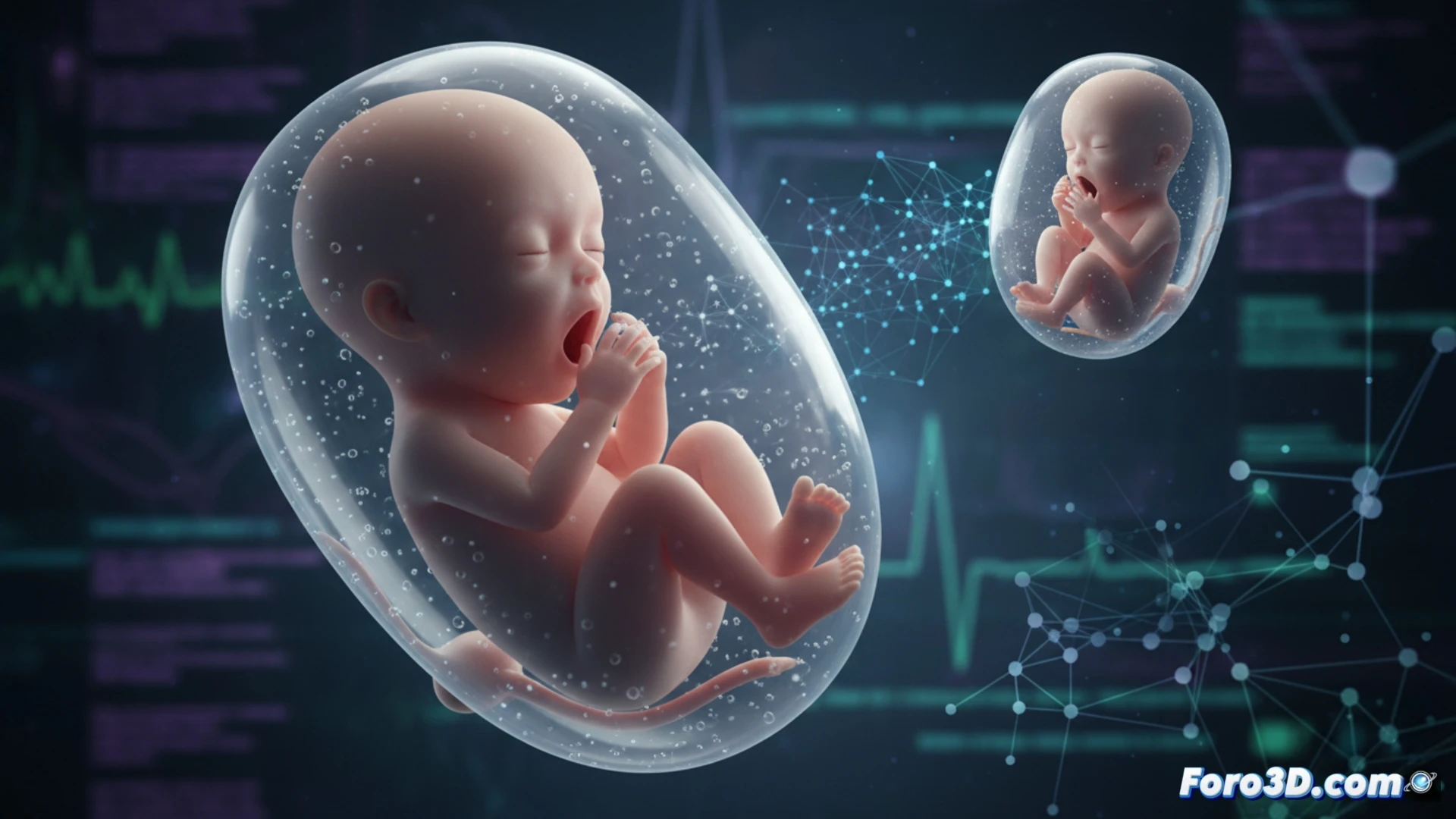 Visualizacion 3D de ecografia fetal mostrando bostezo contagioso entre madre y feto en tercer trimestre