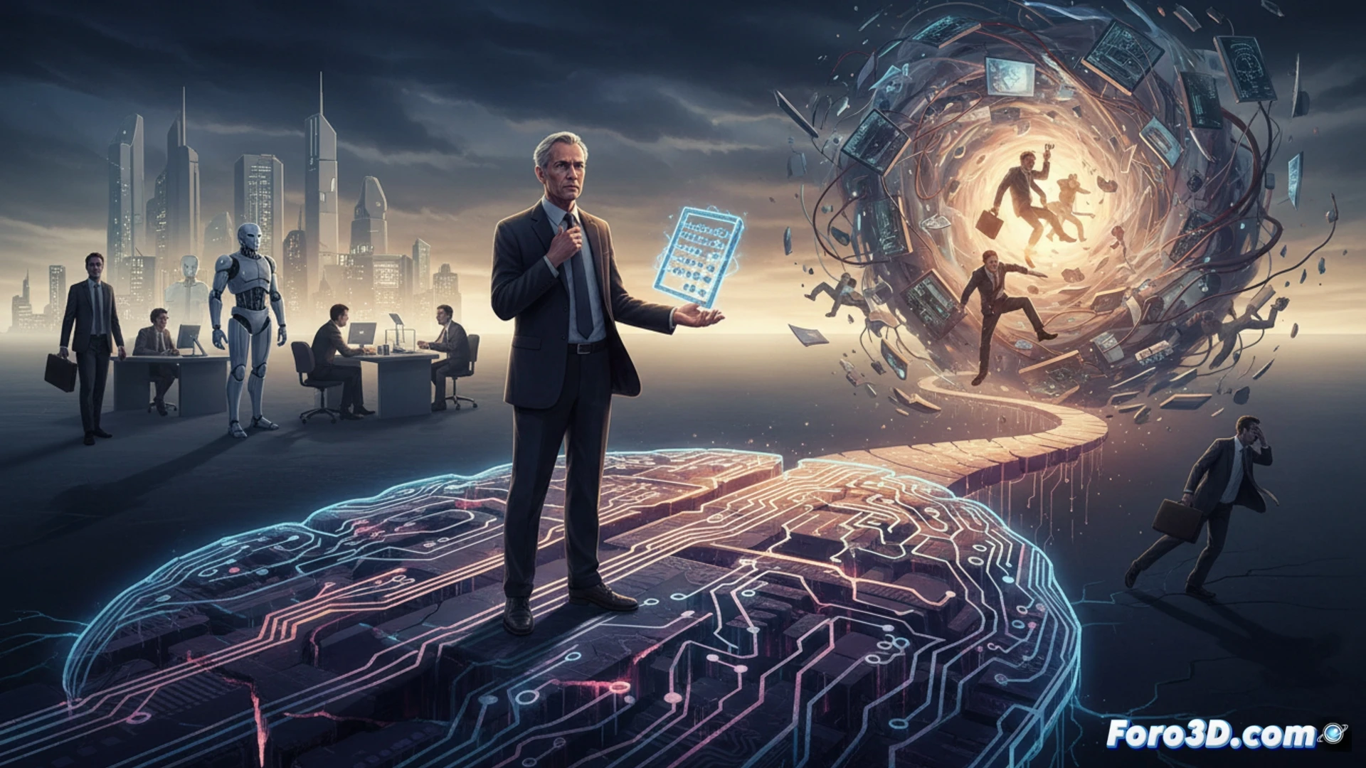 two professional workers in business attire standing on opposite sides of a cracked glass floor, one side showing a glowing futuristic city with AI holograms and robotic arms assembling microchips, the other side showing a dark void with falling office chairs and scattered papers, a giant balancing scale suspended above them with a glowing brain on one side and a human silhouette on the other, cinematic photorealistic style, dramatic chiaroscuro lighting, ultra-detailed textures of glass cracks and metal, tension visible in body language, wide-angle shot emphasizing the divide, no text or numbers, technical illustration mood