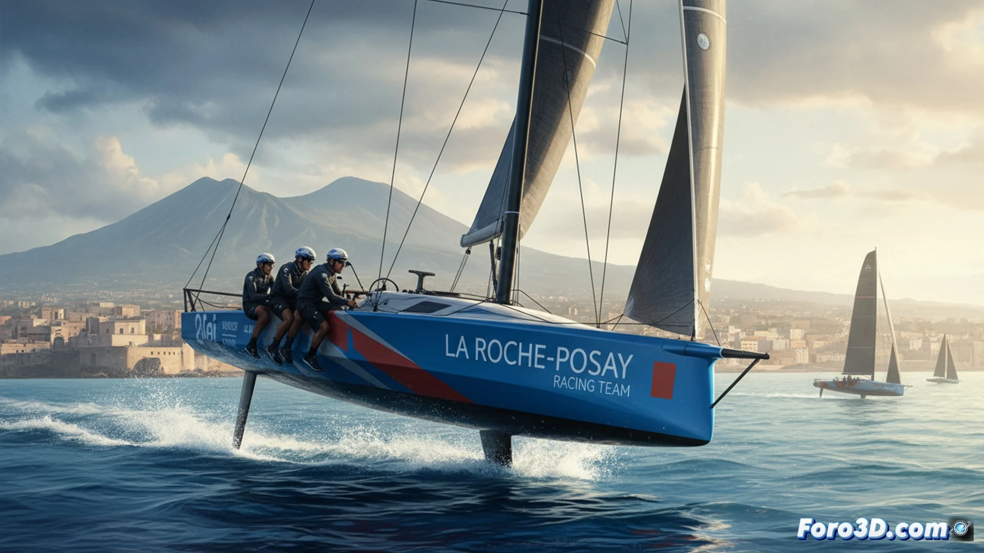 Racing yacht F50 catamaran foiling at high speed across Naples bay, crew members Botin and Trittel adjusting wing sail trim while hull rises above water, foils creating turbulent white spray patterns, hydraulic control panels visible inside cockpit, carbon fiber mast bending under wind load, Mediterranean coastline in background, dramatic golden sunset lighting, motion blur on waves, photorealistic sports photography style, intense competition atmosphere, technical sailing equipment detail