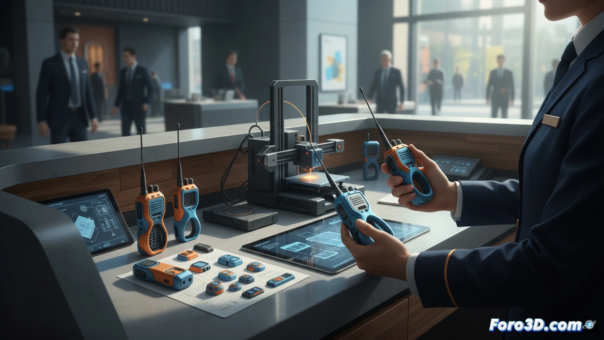 Botones 4.0: Impresión 3D para recepciones eficientes. Mano sostiene adaptador ergonómico naranja para walkie-talkie, mejorando agarre y durabilidad.