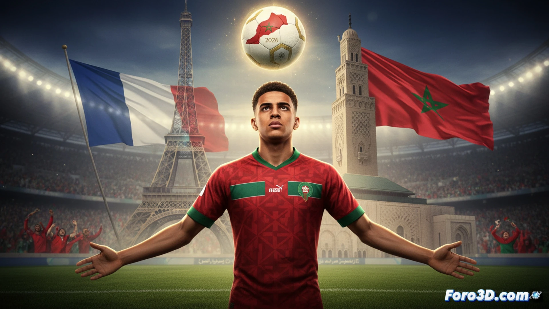 young footballer in Lille OSC dark red kit performing a precise through pass on a rainy pitch, stadium lights reflecting off wet grass, ball mid-flight with motion trail, background showing a map of Morocco glowing in green and red, small FIFA document icon dissolving into dust near the player’s feet, cinematic sports photography style, photorealistic, dramatic low-angle shot, rain droplets frozen in time, intense focus on player’s determined expression, technical action freeze-frame, ultra-detailed fabric texture and boot studs