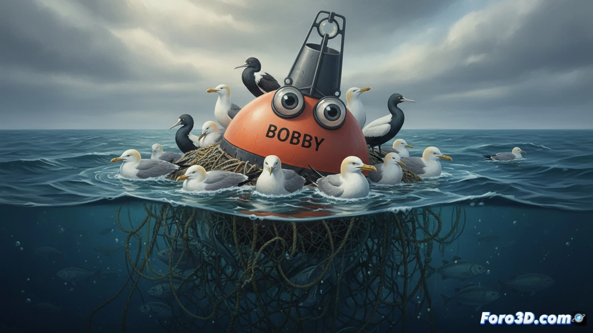 Boy yellow spherical buoy with rotating artificial eyes mounted on metal rod, seabird perched directly on top of buoy ignoring the device, calm grey sea surface, overcast Danish coastal light, technical wildlife engineering scene, photorealistic style, demonstrating habituation failure during 23-day experiment, wide-angle lens showing buoy mechanism in detail, wind vane and eye rotation system visible, bird wings slightly spread for balance, soft natural lighting, high detail on buoy texture and bird feathers, no text or numbers, scientific observation aesthetic