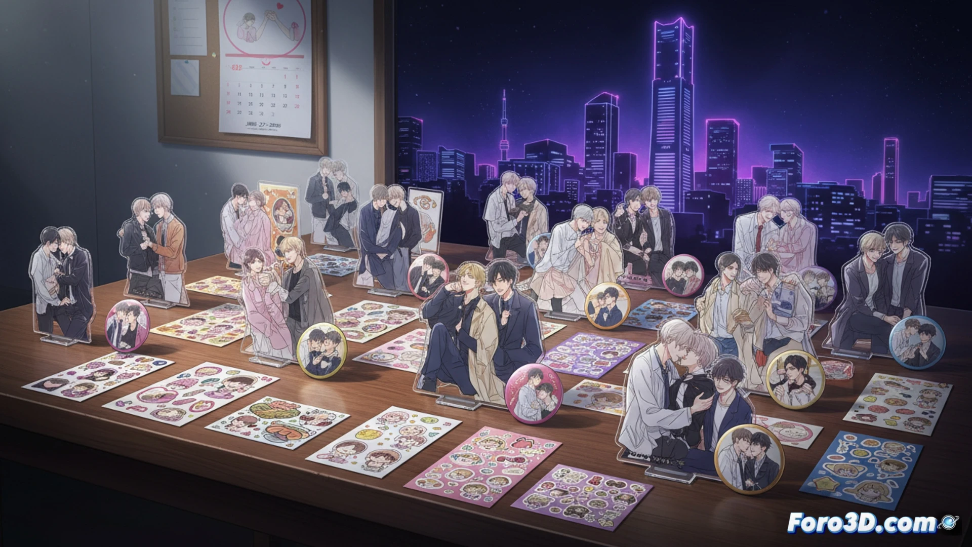 Una vista aérea de productos oficiales del Boys Love Tokyo 2026: sets de acrílico, insignias metálicas y calcomanías recortadas en 40 diseños, sobre fondo rosa con ilustraciones originales.