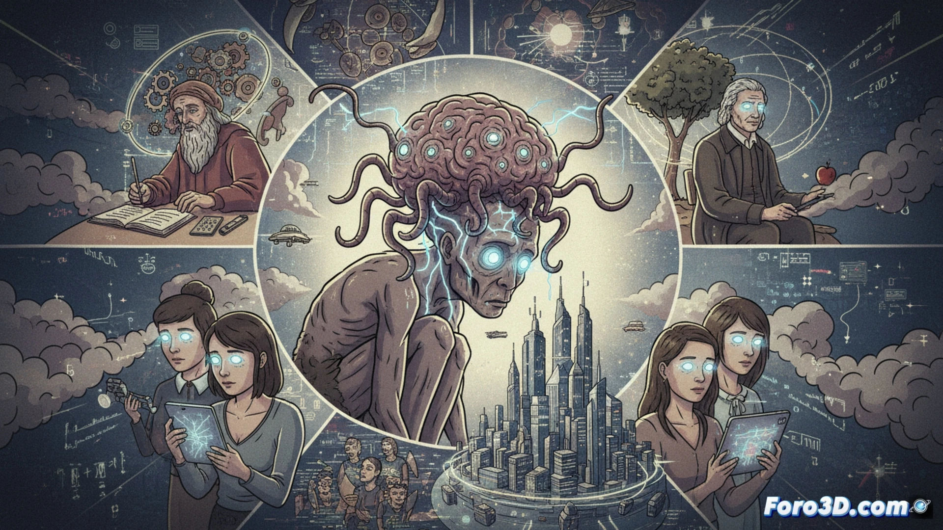 futuristic brain being parasitized by glowing alien organism inside a retro-styled laboratory, human neurons glowing as alien tendrils connect to a vintage computer terminal, 1980s CRT monitor displaying digital distortion, scientist silhouette observing through glass window, cinematic retrofuturistic visualization, dark teal and amber color palette, analog synthwave lighting, detailed cables and oscilloscope equipment, parasitic tendrils wrapping around cerebral cortex, brain activity visualized as electric sparks, photorealistic technical render with film grain