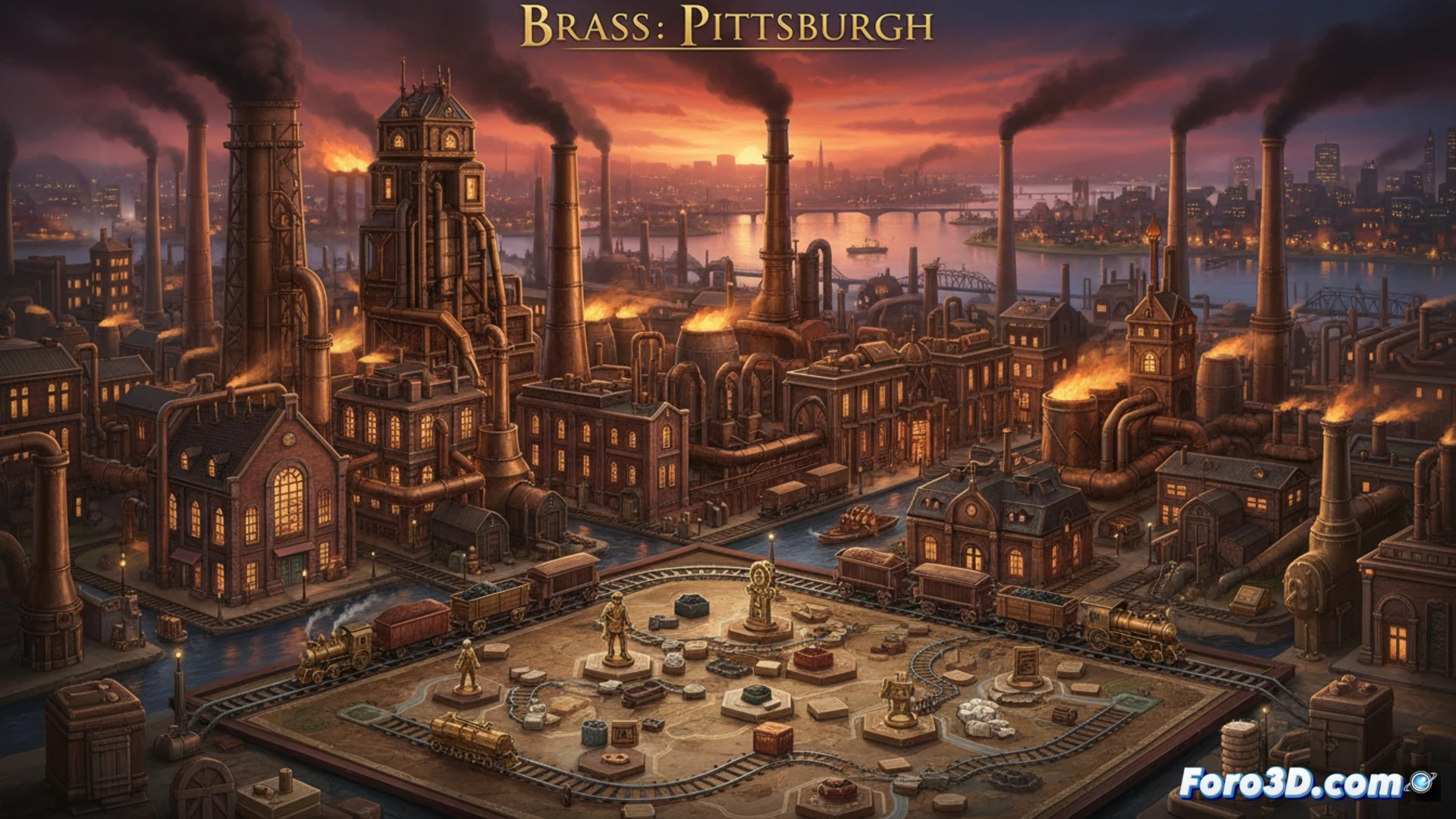 Una mesa de juego con vías de ferrocarril, fábricas de acero y ríos, bajo un cielo anaranjado industrial al estilo Pittsburgh de la Edad Dorada.