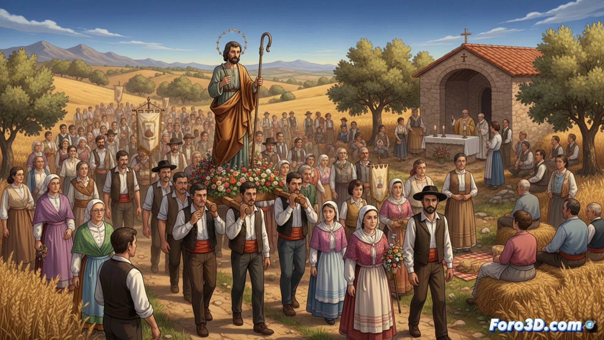 Multitud reunida en pradera de Navalcaballo durante romería, procesión de figura de San Isidro Labrador llevada en andas por hombres con traje tradicional, sacerdote oficiando misa campestre en altar portátil bajo encinas, banderas y estandartes religiosos ondeando al viento, furgoneta de sonido con altavoces técnicos al fondo, toldos blancos de protección solar, fotografía documental realista, luz natural de mediodía con sombras suaves, alta definición, estilo visual cinematográfico