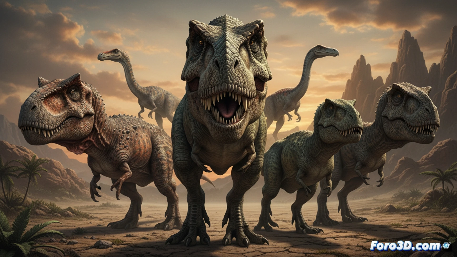 Five distinct theropod dinosaur lineages showing parallel evolution, a large tyrannosaurid and abelisaurid standing side by side, both with oversized skulls and tiny arms, while a carcarodontosaurid, ceratosaurid, and megalosaurid are arranged in a row behind them, all demonstrating reduced forelimbs, dramatic size comparison between massive heads and small arms, a prehistoric landscape with volcanic mountains in background, cinematic paleontological visualization, photorealistic skeletal and muscular anatomy, warm amber sunset lighting casting long shadows, dust particles floating in air, ultra-detailed scales and bone textures, technical illustration style with cross-section anatomy overlays