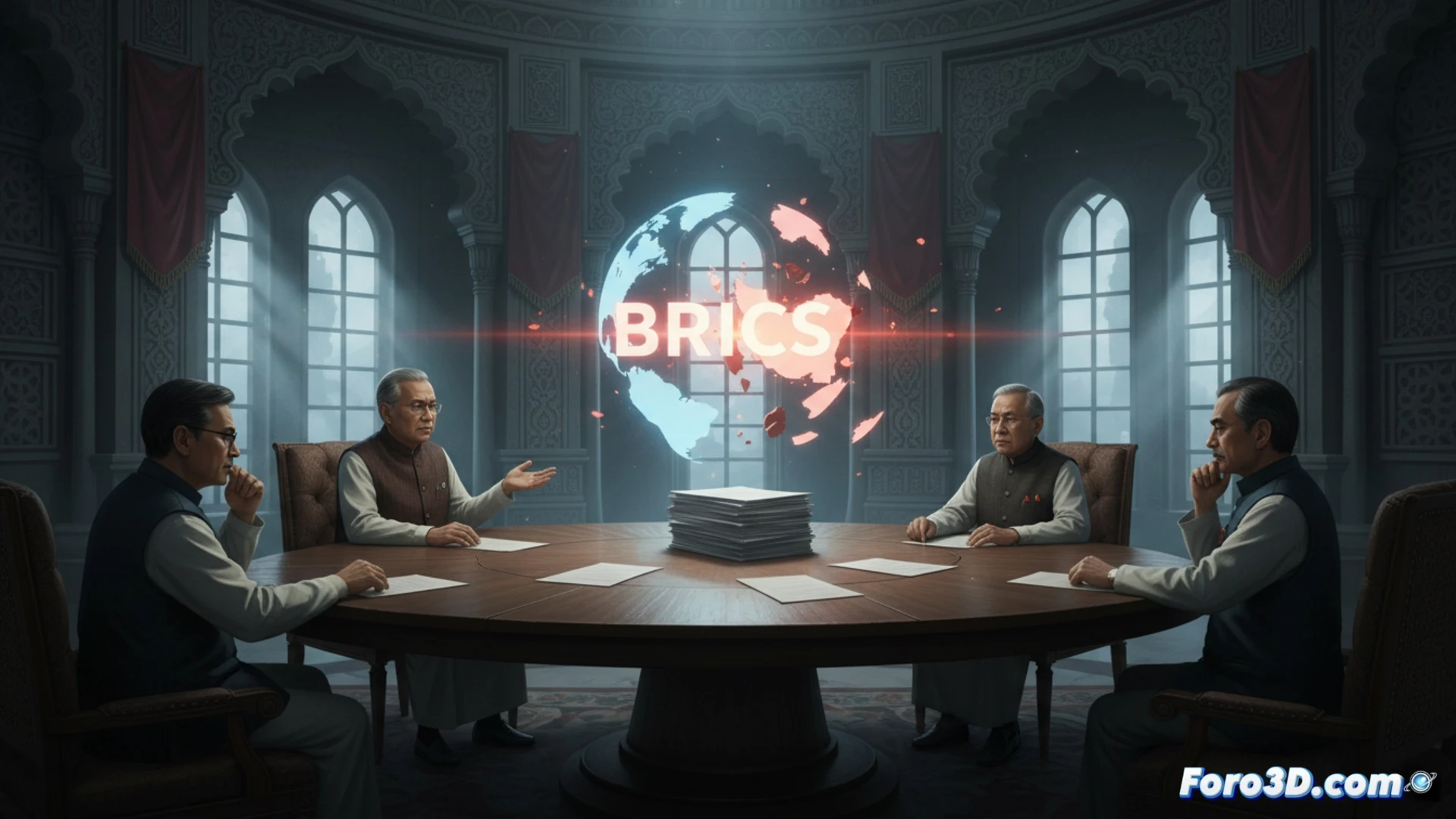BRICS foreign ministers summit in New Delhi, a fractured roundtable meeting showing empty chairs and divided seating, Iranian and UAE delegates avoiding eye contact, no joint declaration document on the table, Indian chairperson holding a unilateral presidential statement, diplomatic tension visible through body language, cinematic photorealistic political visualization, marble conference hall with national flags, harsh overhead lighting casting long shadows, fragmented group composition, ultra-detailed facial expressions, realistic diplomatic atmosphere