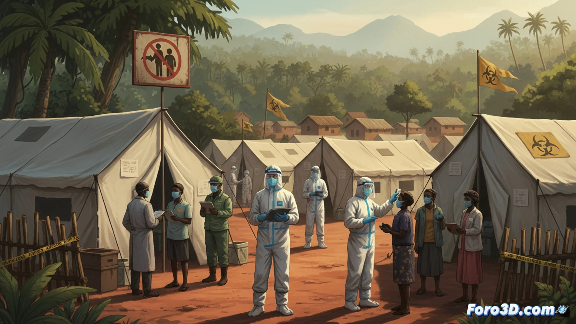 African medical workers in full hazmat suits and face shields, disinfecting a rural clinic entrance with sprayers, one worker pointing at a digital tablet showing a red virus map overlay, another carrying a portable isolation stretcher, tin-roofed buildings and dusty ground, dramatic overcast sky, photorealistic technical documentation style, high contrast lighting, protective gear details like respirator valves and blue gloves, urgent action during containment process