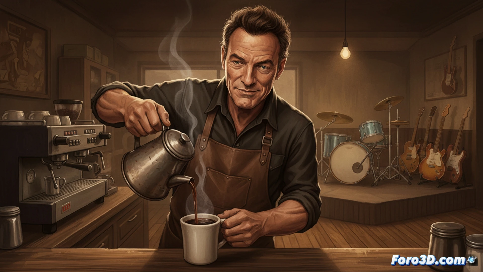 Un primer plano de Bruce Springsteen sirviendo una taza humeante de café negro, con expresion intensa y guitarra al hombro, sobre fondo de estudio minimalista.