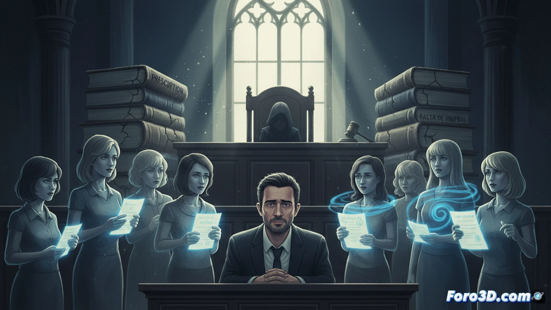 courtroom sketch style scene, thirty silhouetted female figures standing in a semicircle facing a single microphone on a wooden podium, eight legal document folders stacked with red seals visible, five magnifying glasses suspended mid-air examining old newspaper clippings with faded dates, a digital clock timer showing expired prescription deadlines, symbolic scales of justice tilted slightly with one side empty, dramatic chiaroscuro lighting from a single window casting long shadows, photorealistic technical illustration, muted greys and deep blues, dust particles floating in light beams, realistic courtroom textures