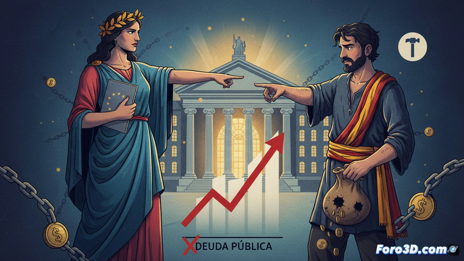 Bruselas advierte a España: un sobre en la mesa de la Comisión Europea, banderas de la UE y España al fondo, gráfico de déficit en rojo.