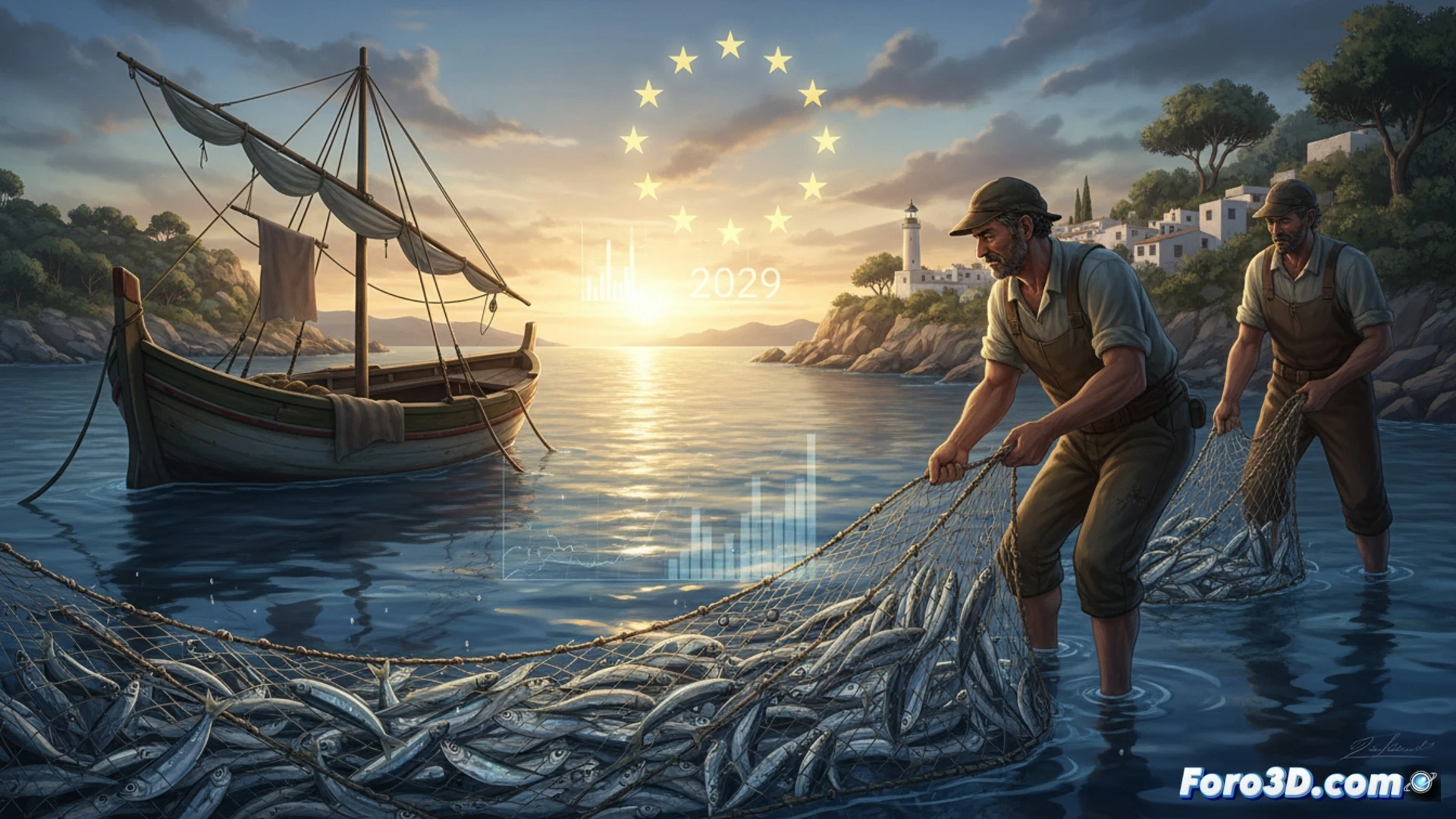 Descripción detallada (80-120 caracteres): Un pesquero artesanal balear faena al atardecer junto a aguas cristalinas, con redes tradicionales y un cesto de jonquillo fresco.