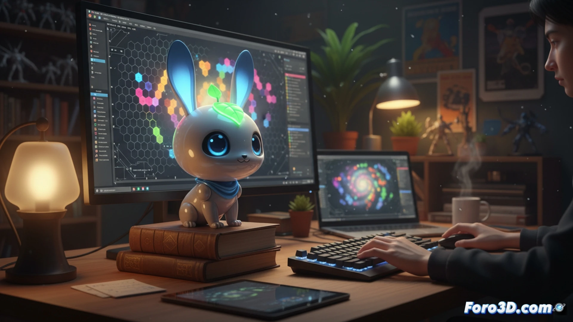 Ilustración del modo estudio de Bubblegum Galaxy: un escritorio virtual con fichas hexagonales, Haco como asistente sentada sonriente, fondo relajante de coworking espacial.