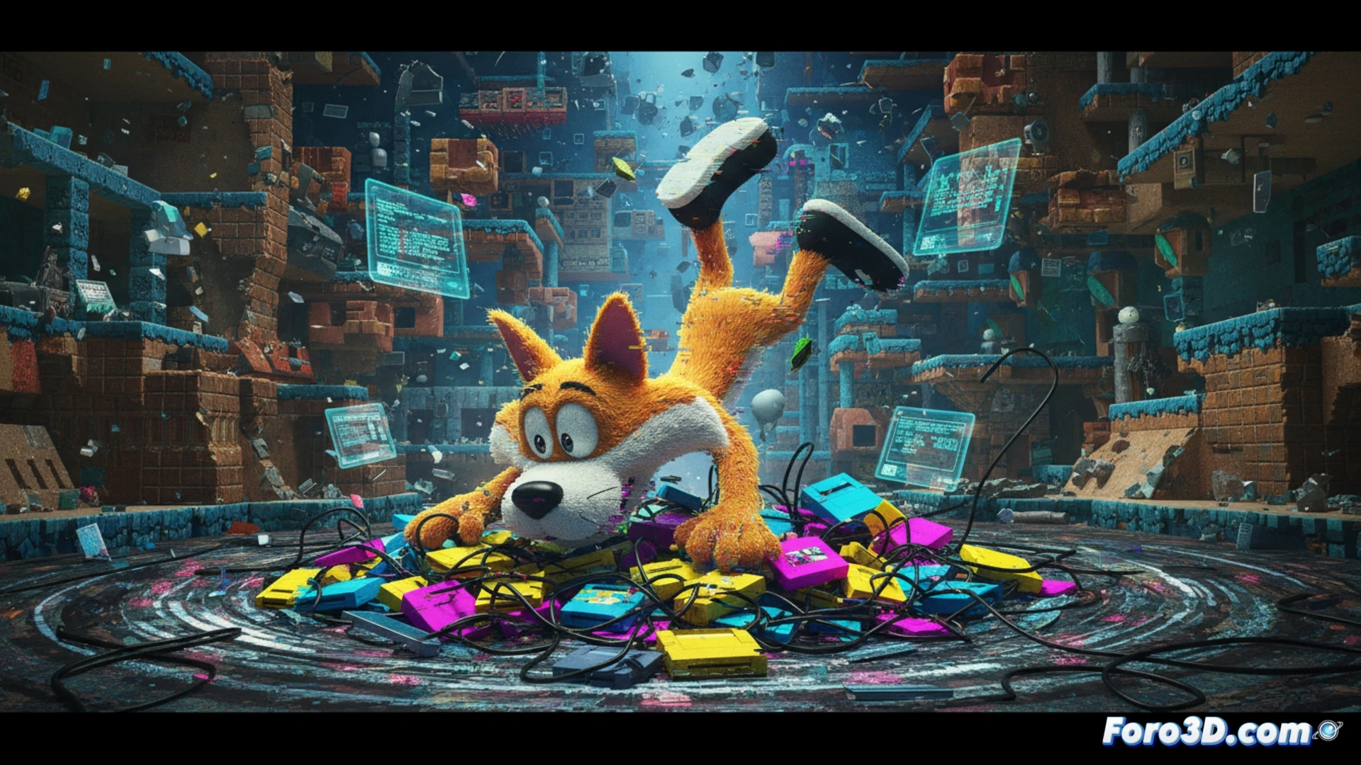 anthropomorphic orange cat mascot character falling through fragmented 3D platform geometry, polygons separating and glitching mid-air, outdated low-poly textures with stretched UV mapping, cracked CRT monitor reflection in the background, broken game controller wires dangling, nostalgic 1990s gaming hardware scattered on the floor, dramatic cinematic lighting with harsh shadows, technical illustration style emphasizing collision detection failure and rendering errors, photorealistic yet retro aesthetic, motion blur on falling character, debris particles floating around
