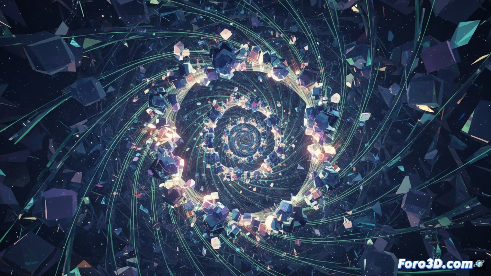 Animación hipnótica en Blender: partículas geométricas en bucle infinito con transiciones suaves y proximidad geométrica.