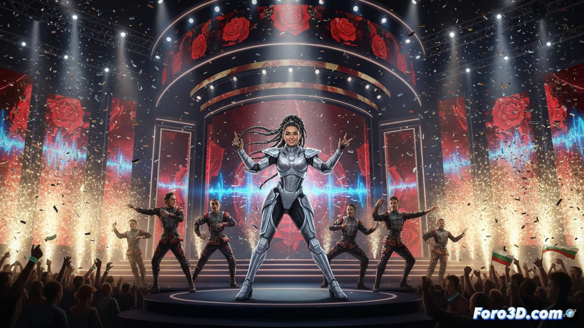Una vibrante Dara en el escenario de Eurovisión, rodeada de luces neón, ejecuta la coreografía de Bangaranga con el micrófono de cristal en alto.