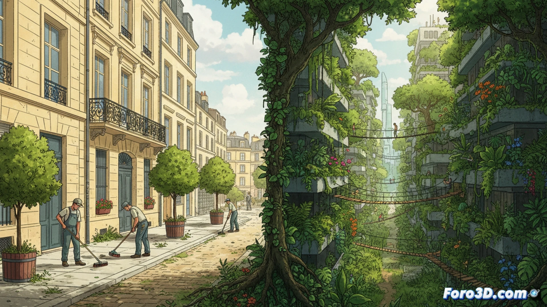 Dos calles urbanas contrastan: una en Burdeos con aceras limpias y desmalezadas, y otra en Montpellier donde la selva salvaje abraza edificios.