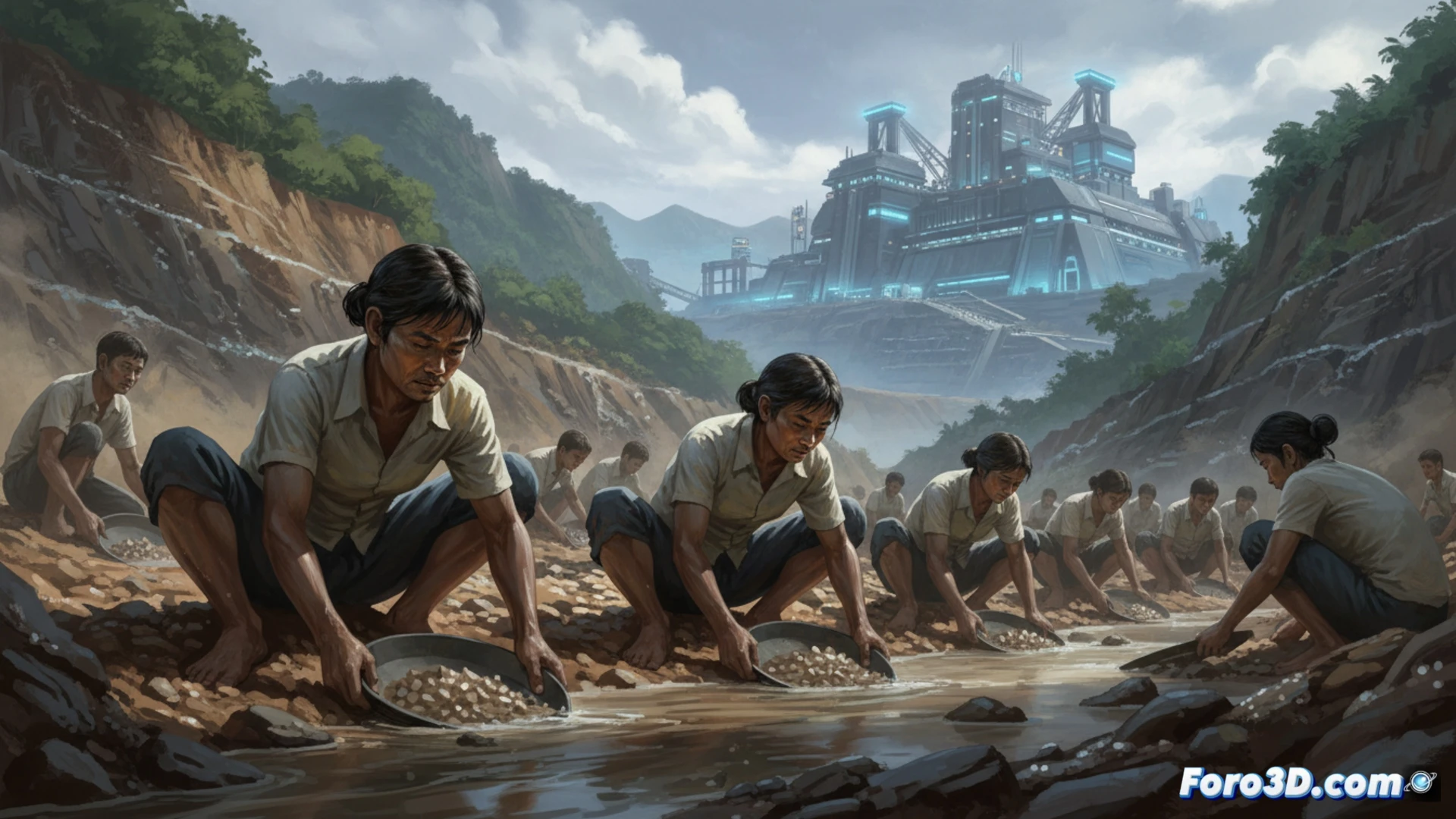 paisaje montañoso de Laos al amanecer, grupo de buscadores de minerales cavando manualmente en un terraplén rocoso con picos y palas, polvo levantándose mientras trabajan junto a una vía de ferrocarril abandonada, al fondo una mina industrial moderna con excavadoras y cintas transportadoras, contraste entre herramientas artesanales oxidadas y maquinaria pesada, sudor en rostros, ropa desgastada, cielo nublado con tonos grises y naranjas, estilo cinematográfico fotorrealista, iluminación dramática de atardecer, texturas de tierra y metal ultra detalladas, composición de gran angular con profundidad de campo