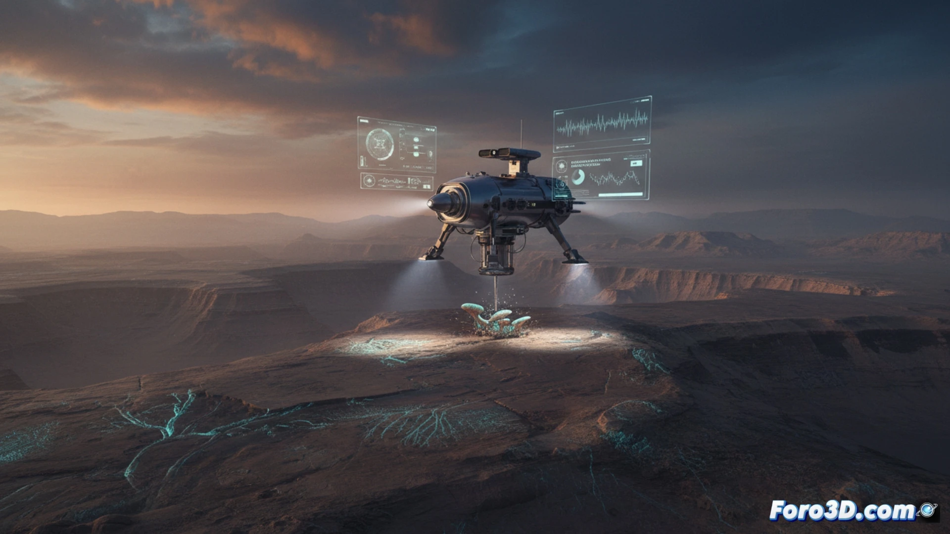 Astronomer peering through holographic telescope interface, spectral data streams showing false negative markers on a barren exoplanet surface, microscopic alien fossils dissolving into rock layers while gas absorption filters fail, geological strata absorbing biosignature gases, technical engineering visualization, holographic UI panels with fading detection alerts, dark control room with blue ambient light, photorealistic cinematic render, glowing data pathways and instrument error warnings, ultra-detailed space observation equipment