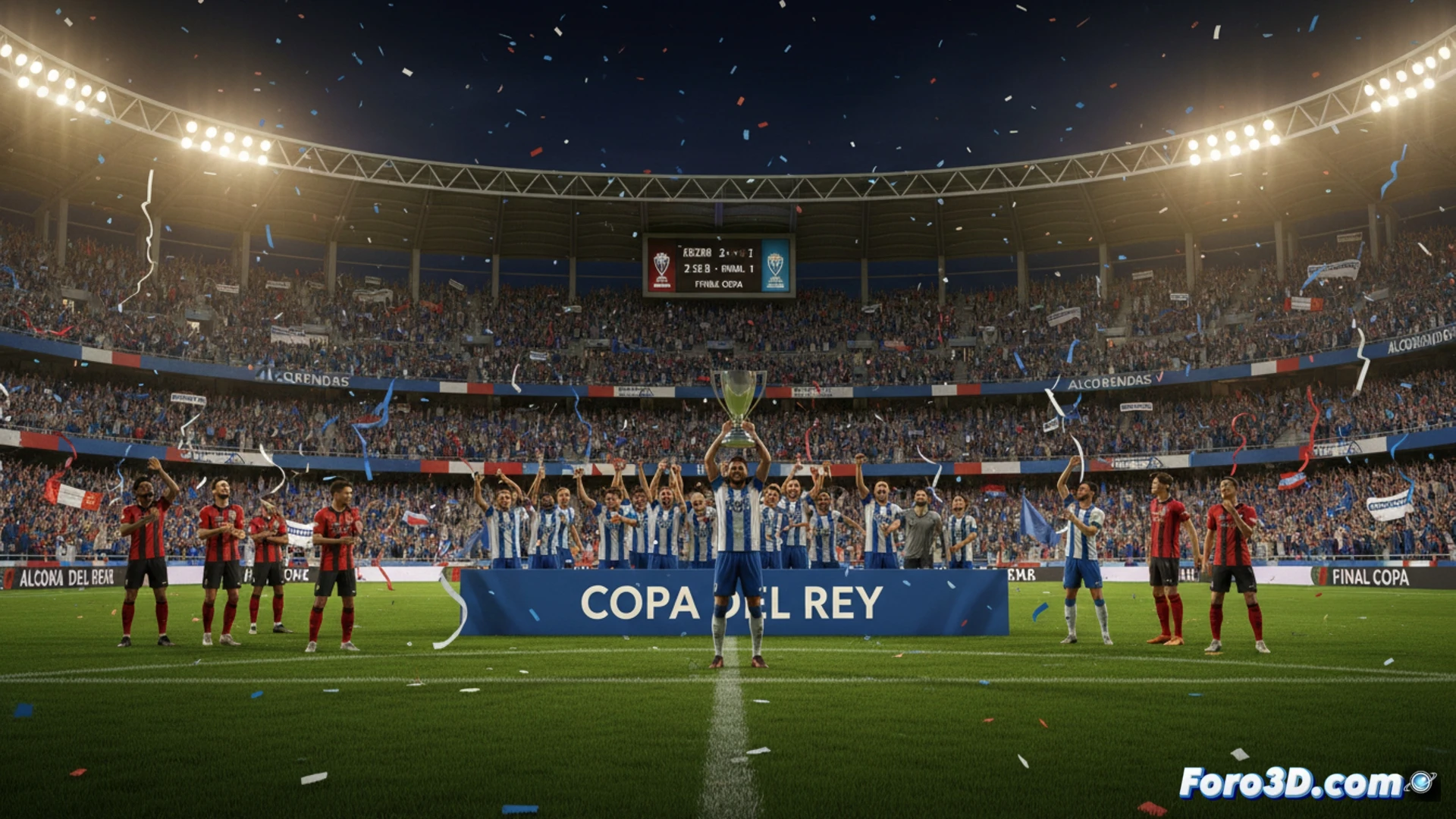 El césped de Butarque brilla bajo el sol mientras el equipo de Alcobendas levanta la copa, con aficionados vitoreando y confeti tricolor.
