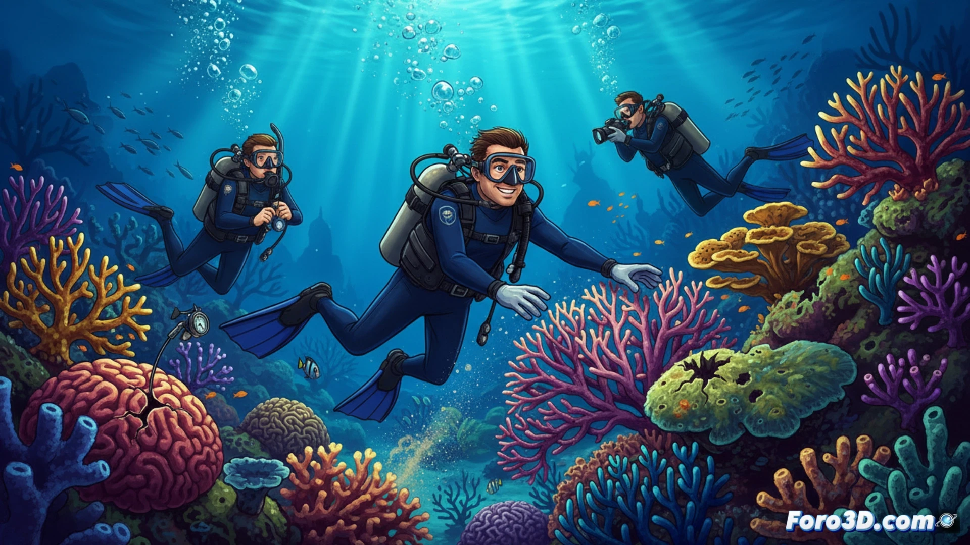 scuba diver accidentally brushing coral reef with fin tip while photographing tropical fish, coral branches breaking under slight impact, bubbles rising around diver, underwater sunlight rays filtering through turquoise water, visible sediment cloud from contact, diver focused on camera viewfinder not noticing damage, technical illustration style, photorealistic underwater scene, dramatic lighting, fine coral texture details, sharp focus on fin-coral interaction, soft background reef silhouettes, cinematic composition