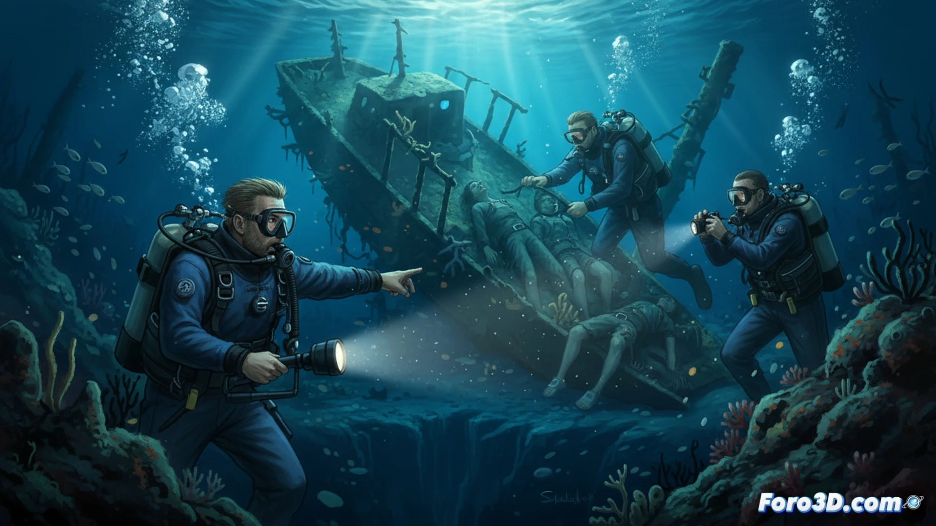 underwater search operation in Maldivian reef, three divers descending through turquoise water, one diver holding underwater sonar device emitting scanning beams, another diver adjusting rebreather equipment while pointing at submerged coral formation, third diver documenting with underwater camera, seabed at 30 meters depth showing rocky terrain and coral overhangs, bubbles rising from regulators, sun rays penetrating through water surface creating dramatic light shafts, professional diving gear with technical harnesses and cylinders, photorealistic cinematic underwater scene, high contrast blue tones, realistic water caustics, ultra-detailed equipment textures
