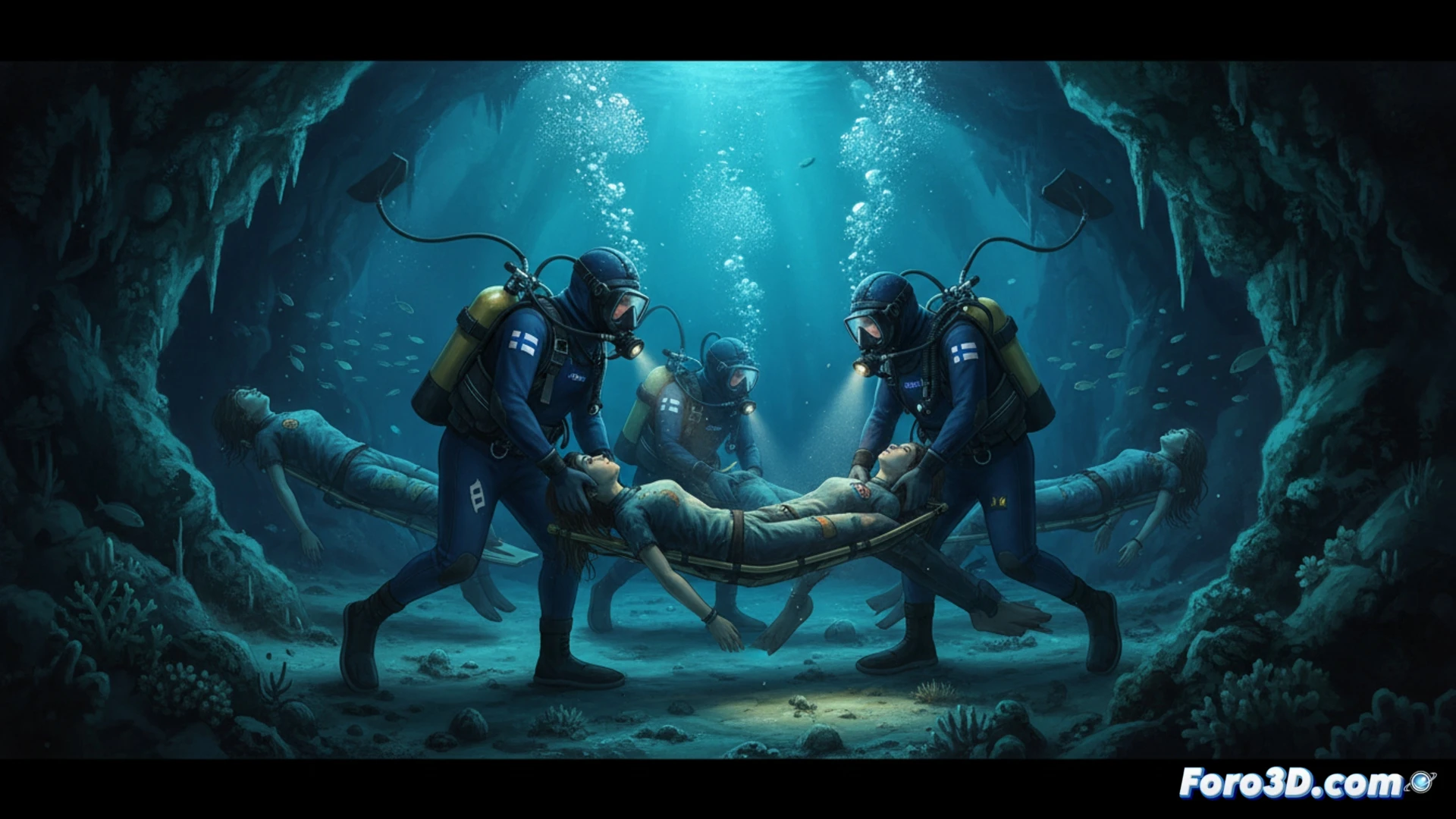 Tres buzos finlandeses en equipo técnico descendiendo en aguas turquesa de Maldivas, linternas LED iluminando una cueva submarina oscura a 50 metros de profundidad, cuerdas guía y tanques de oxígeno duales visibles, uno sosteniendo un cuerpo envuelto en una bolsa de rescate mientras otro revisa un ordenador de buceo, burbujas ascendiendo, formaciones rocosas coralinas alrededor, estilo cinematográfico fotorrealista, iluminación dramática azul profundo con destellos de linterna, texturas de roca y equipo técnico nítidas, sensación de gravedad y precisión durante la operación de recuperación