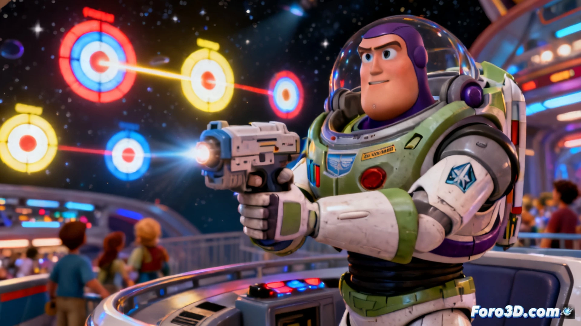 interactive blaster training room scene, visitor aiming a glowing space blaster at illuminated targets, target panels changing color and pulsing with point values, blaster emitting haptic vibration lines and audio wave effects, Unreal Engine real-time rendering interface visible on screens showing target hit detection, Disney Magic Kingdom dark ride environment with cosmic decor, cinematic technical illustration, neon blue and purple lighting, motion blur from blaster movement, photorealistic engineering visualization, dynamic action frozen mid-shot