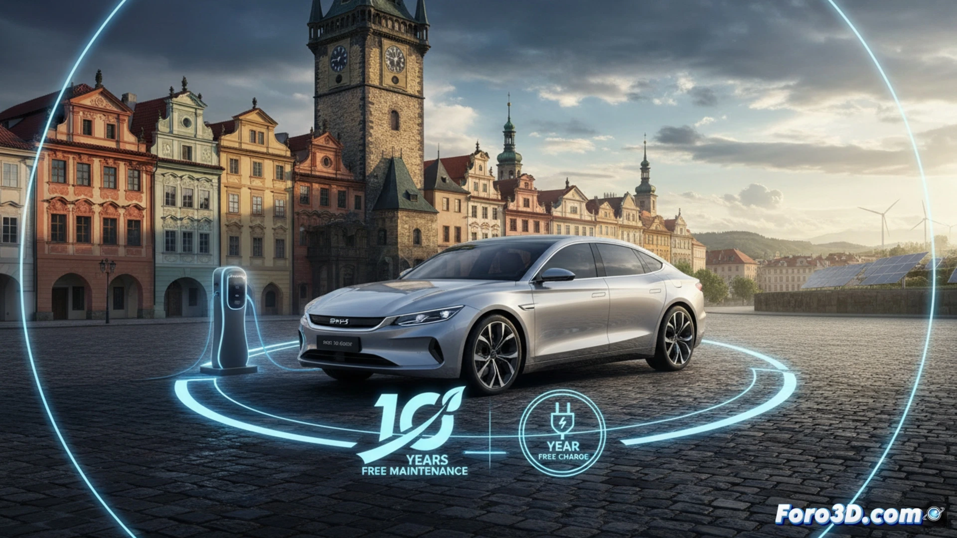BYD electric sedan on a Czech repair lift, technician scanning battery diagnostics with a tablet showing zero-cost maintenance plan, five service stamps visible on a digital timeline up to 150,000 km, charging cable connected to a free station with a glowing 1-year badge, mechanical tools arranged around the car, photorealistic technical illustration, bright showroom lighting, clean metallic surfaces, crisp shadows, European license plate, dramatic depth of field, ultra-detailed mechanical components