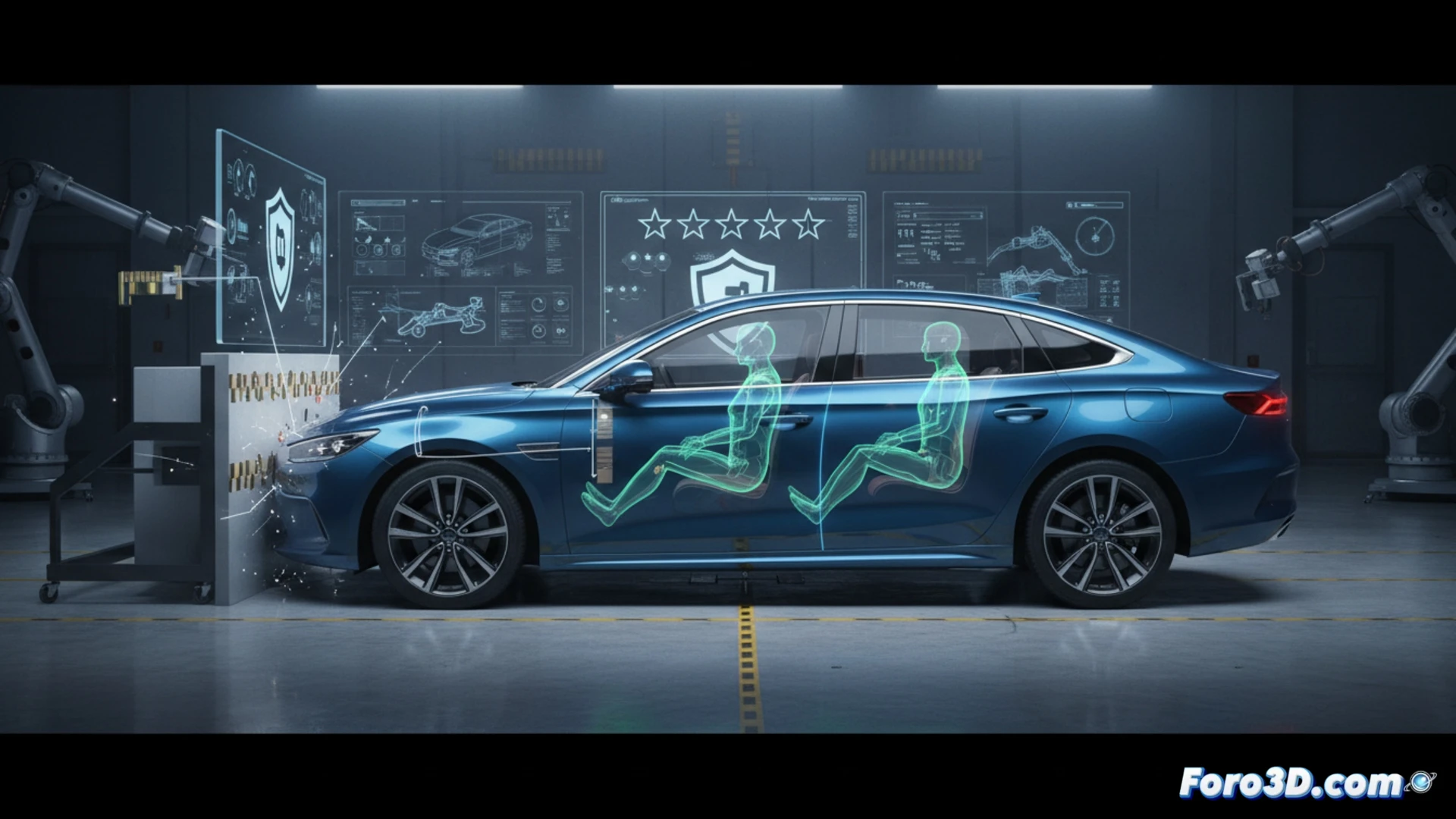 Un sedán BYD Seal 6 DM-i impacta frontalmente en un test ANCAP, mostrando airbags desplegados y una carrocería intacta, sobre un fondo con gráficos de estrellas y datos de seguridad.