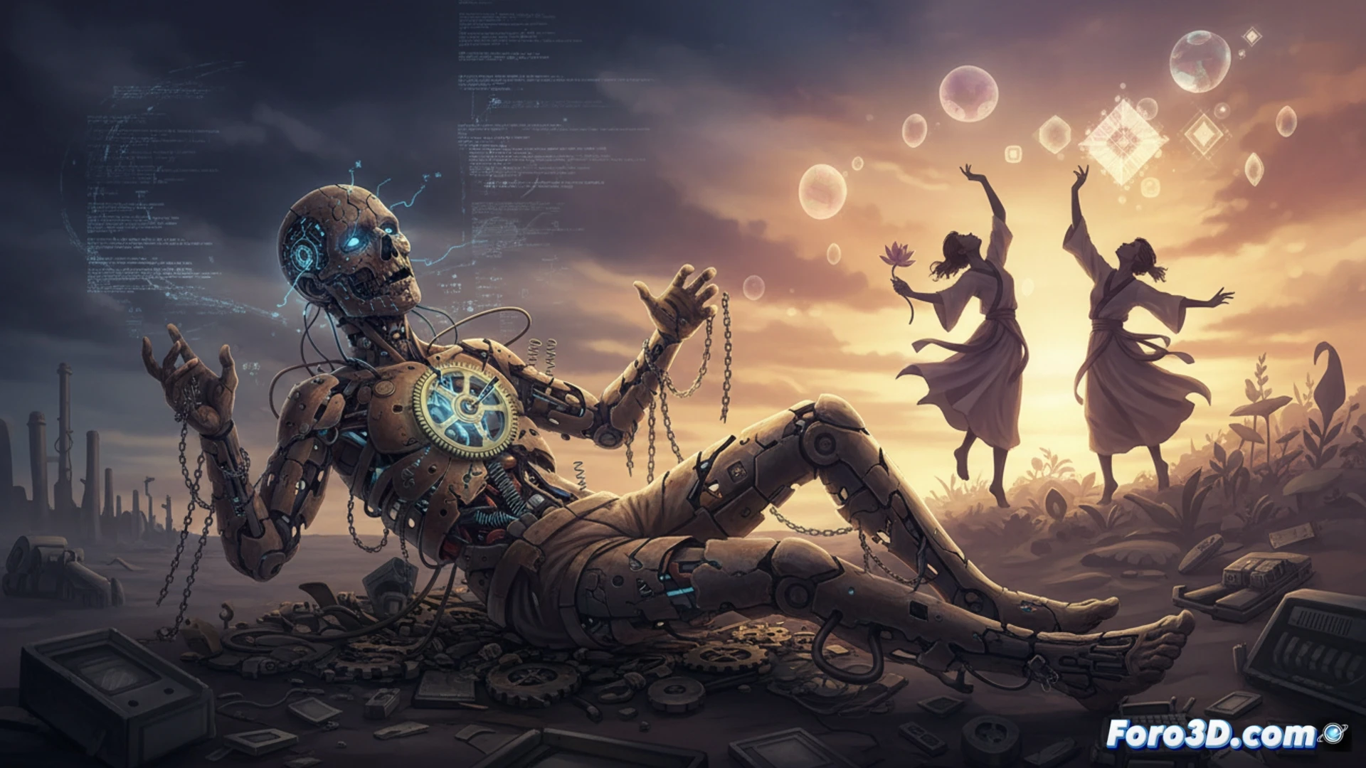 human silhouette with mechanical joints and gears inside, arms raised in a playful pose while tiny clock faces and stress lines radiate from the chest, background split between a grey factory assembly line and a bright green field with abstract game pieces floating, cinematic photorealistic style, dramatic chiaroscuro lighting, metallic skin texture blending into organic flesh, gears slowly turning during motion blur, smoke and light particles drifting, ultra-detailed anatomical engineering visualization