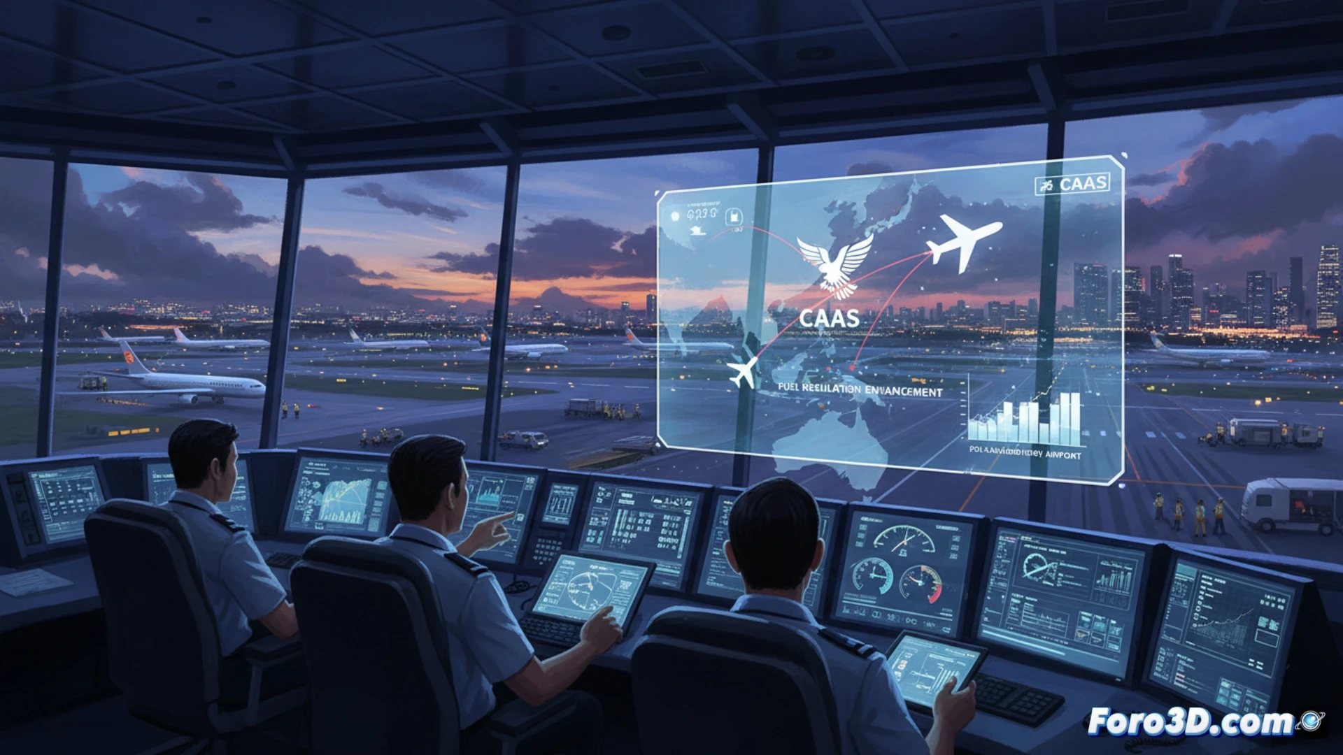 CAAS control tower monitors fuel emergency data on large holographic display, Boeing 777 approaching Changi Airport with low fuel indicator blinking on cockpit panel, ground crew analyzing fuel consumption graphs on tablets, airport apron with refueling trucks positioned nearby, cinematic engineering visualization, glowing orange warning lights on dashboard, realistic aviation equipment, dramatic sunset sky, photorealistic technical render