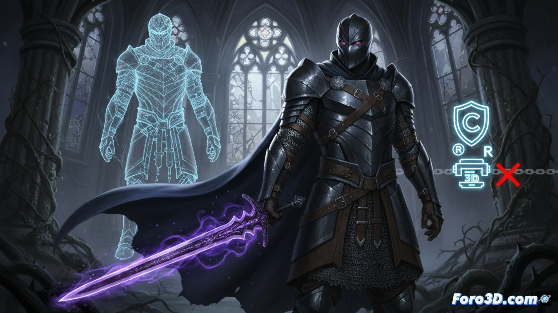 Caballero Negro con Espada de Ébano en modelo 3D, fondo de cómic Marvel, estilo realista y sombras dramáticas