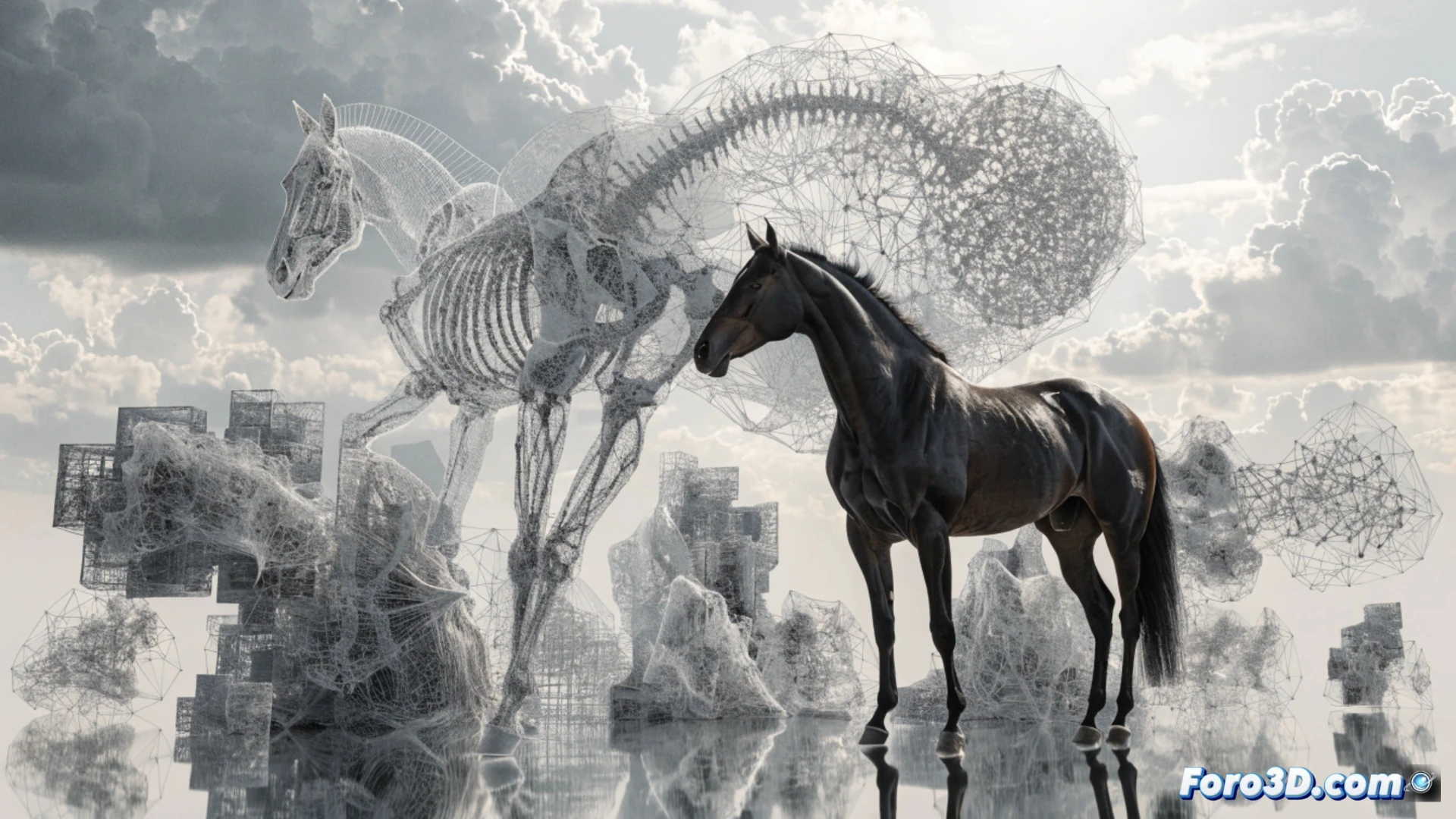 Una figura equina translúcida impresa en 3D, con puntos de medición y un criador analizando su estructura ósea.