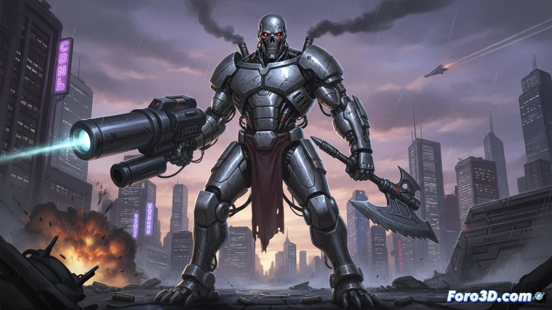 Cabeza de Muerte, robot cazarrecompensas con arsenal en mano, avanza por un portal multiversal, sarcasmo y poder en su mirada.