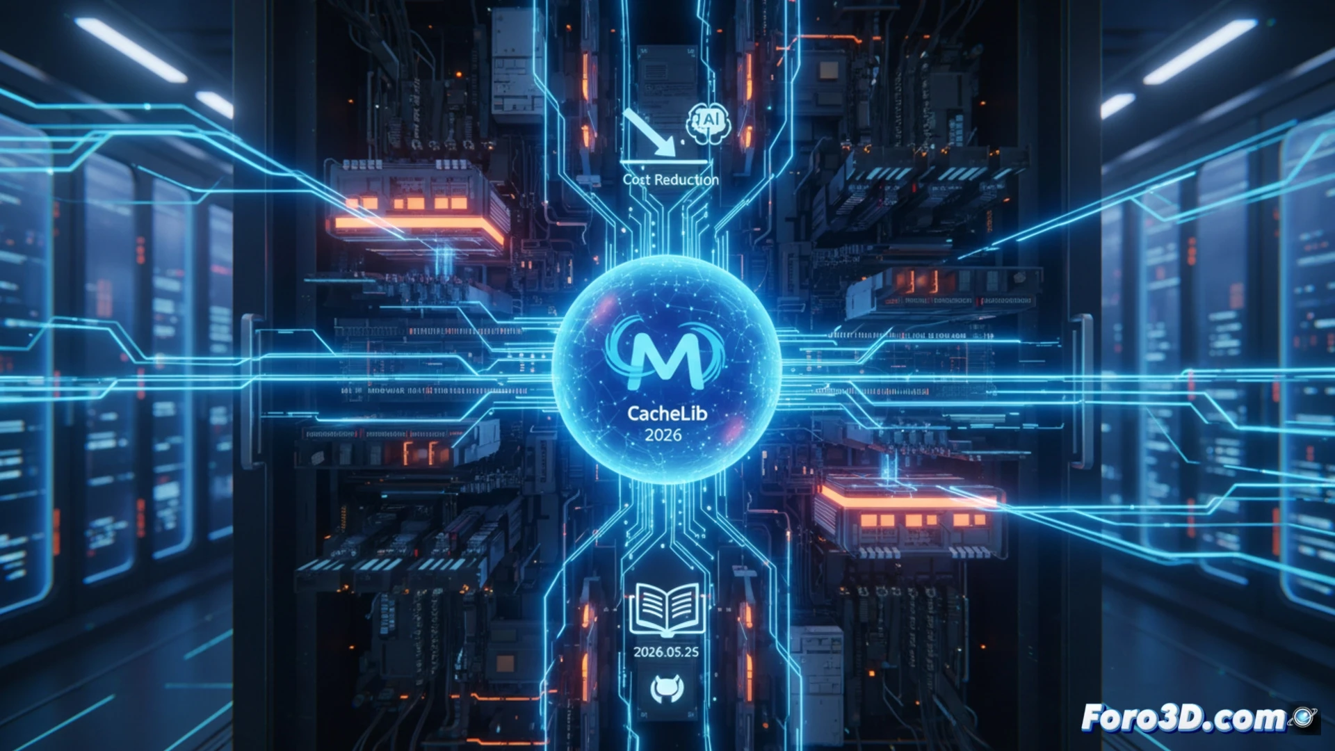photorealistic technical illustration of a data center server rack, glowing DRAM modules being swapped for sleek non-volatile memory chips, robotic arm handling a CacheLib open-source software interface hologram floating above, green energy efficiency indicators pulsing, dramatic blue and orange industrial lighting, server fans in motion blur, heat sinks with visible cooling airflow, ultra-detailed circuit board traces, cinematic engineering visualization