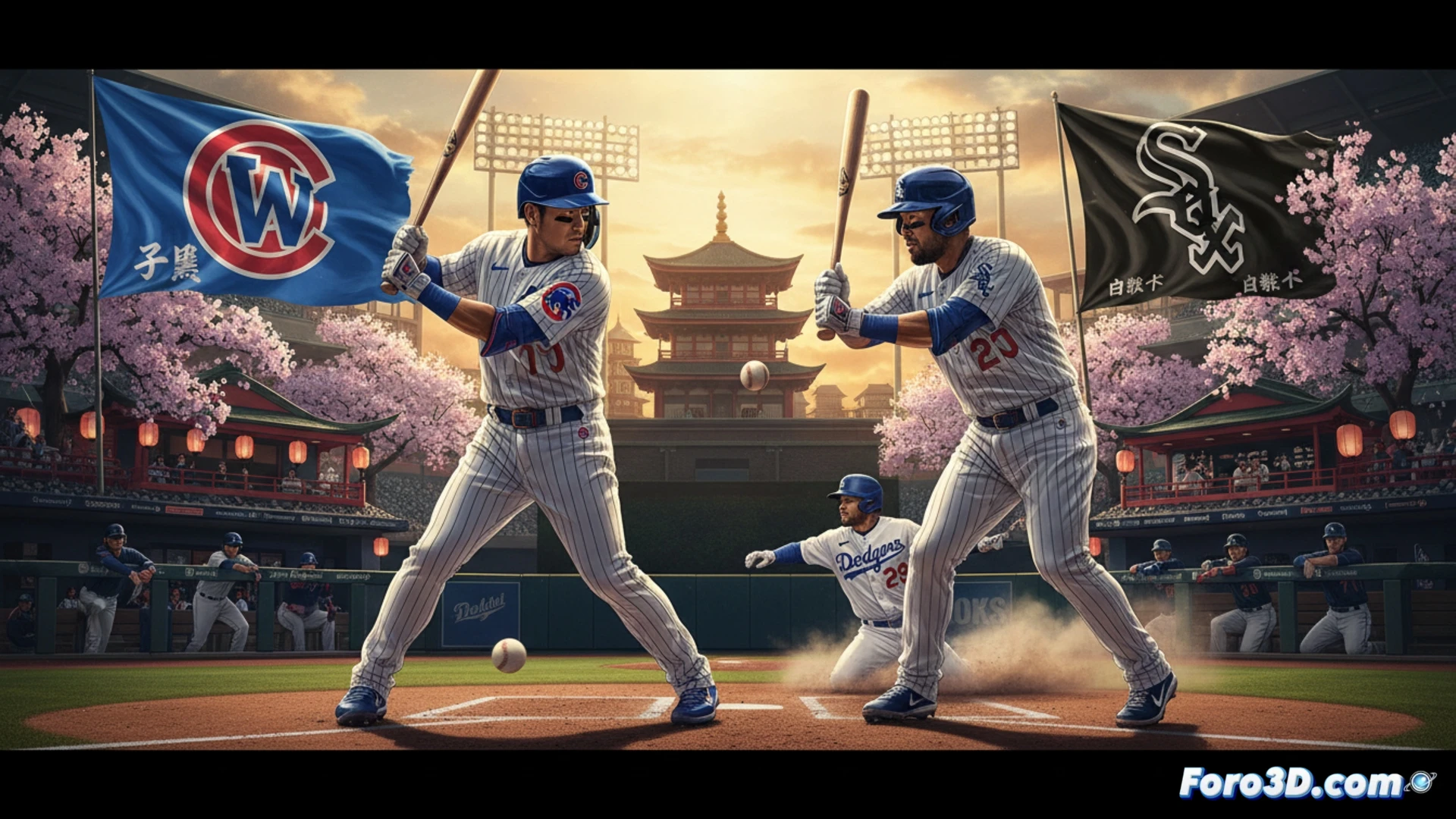 two baseball players mid-swing at a stadium, one in blue Cubs uniform and one in white White Sox uniform, Japanese-style cherry blossom petals drifting across the field, Seiya Suzuki connecting with a fastball while Munetaka Murakami follows through on his swing, Shohei Ohtani in Dodgers grey sliding into second base after a double, bat and ball contact visible, stadium lights casting dramatic shadows, ultra-detailed fabric textures and leather glove stitching, motion blur on swinging bats, photorealistic sports photography style, cinematic golden-hour lighting, high contrast between uniforms and green grass, technical baseball action sequence captured in one frame