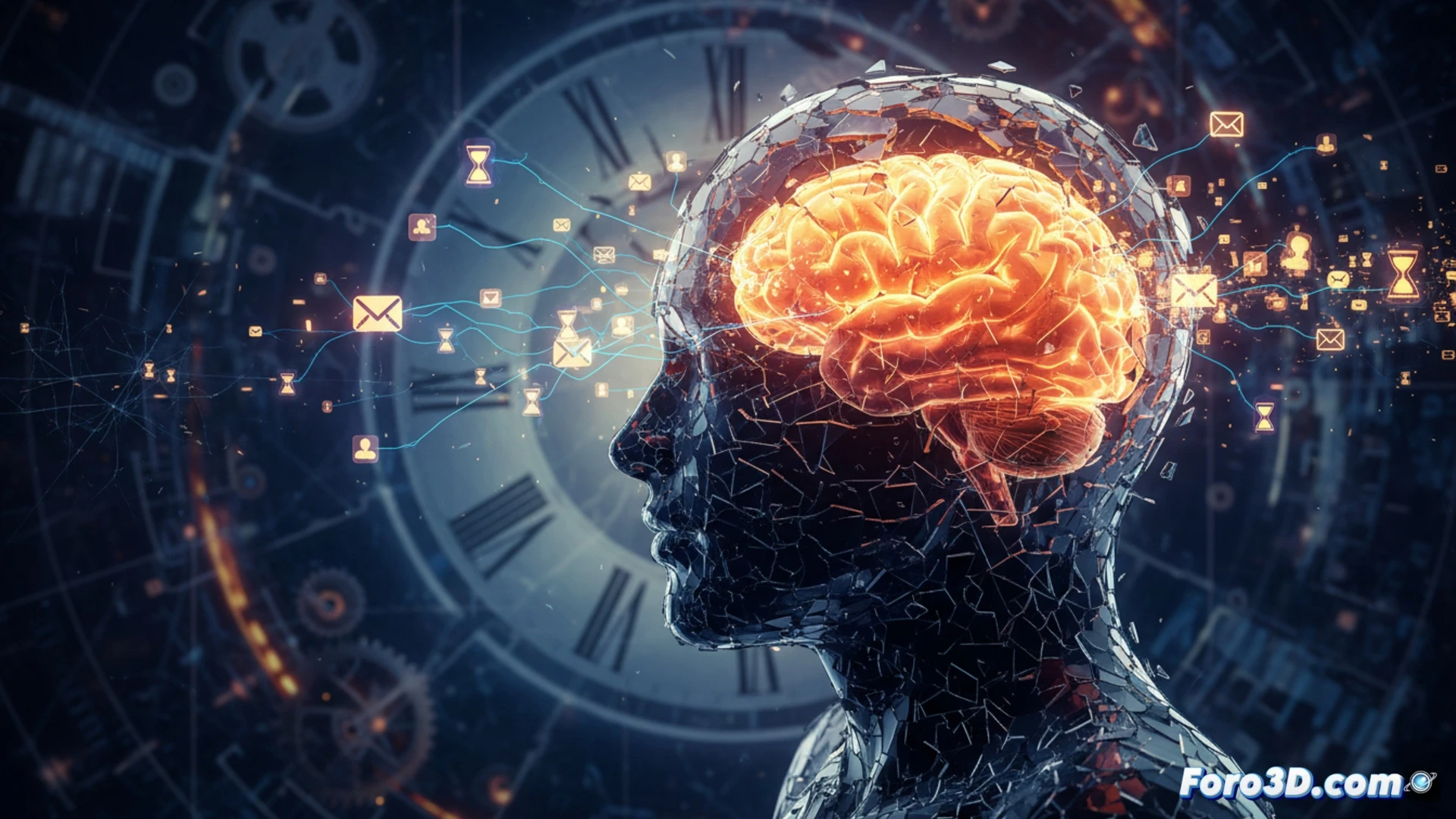 professional cinematic scene of a person sitting at a modern desk, smartphone on the table vibrating and flashing, a glowing digital timer overlay showing seven seconds counting down, a translucent brain model above the head with fragmented light beams scattering away from the phone, scattered small gear icons and clock faces floating mid-air, technical illustration style, sharp focus on the distraction process, cool blue and grey metallic tones, photorealistic render, dramatic side lighting highlighting the phone and brain connection