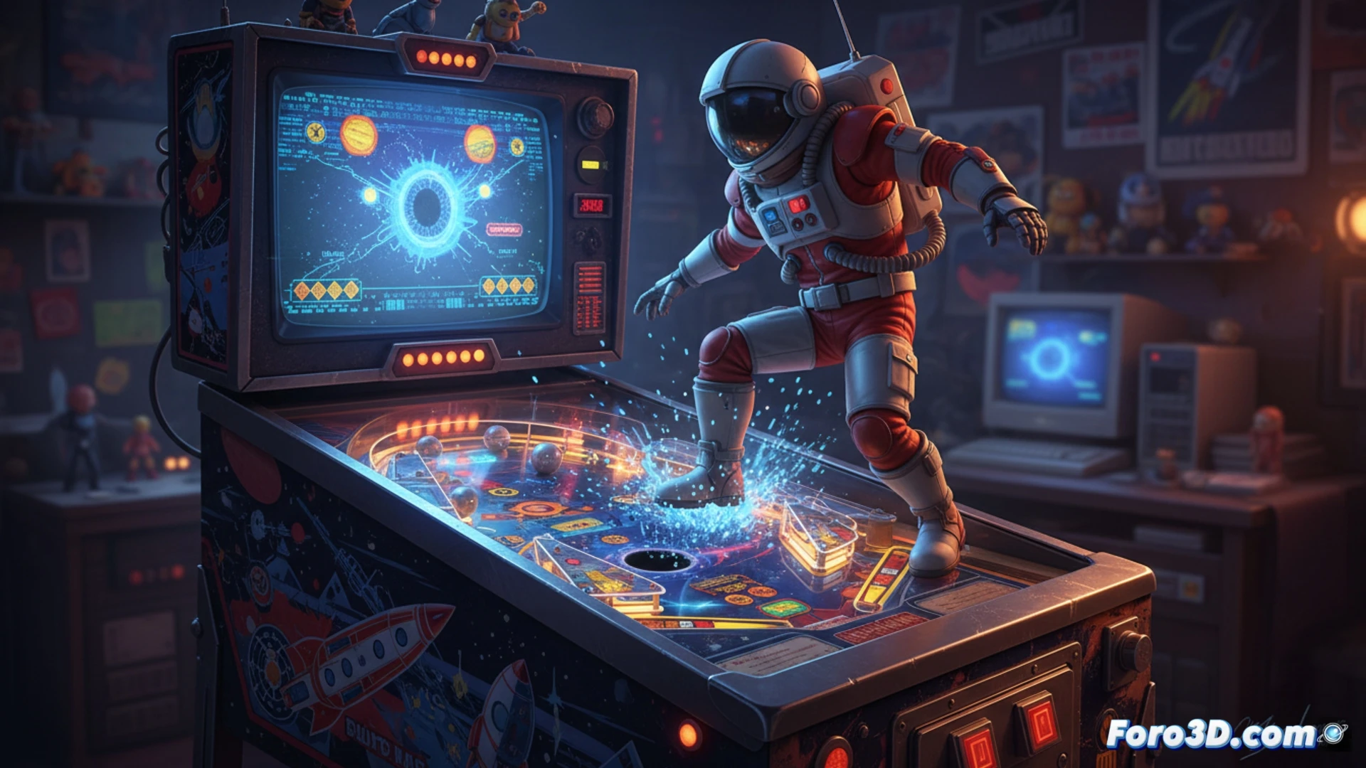 Retro arcade workshop scene showing an actual pinball machine being assembled, glowing neon green playfield with 3D wireframe grid patterns resembling old Windows software, translucent plastic ramps and flippers mid-action, a vintage CRT monitor beside it displaying the classic Space Cadet game code, tools and circuit boards scattered on workbench, nostalgic late 90s aesthetic, cinematic technical illustration, dramatic blue and purple lighting, metallic rails reflecting CRT glow, photorealistic engineering visualization, detailed mechanical components mid-construction