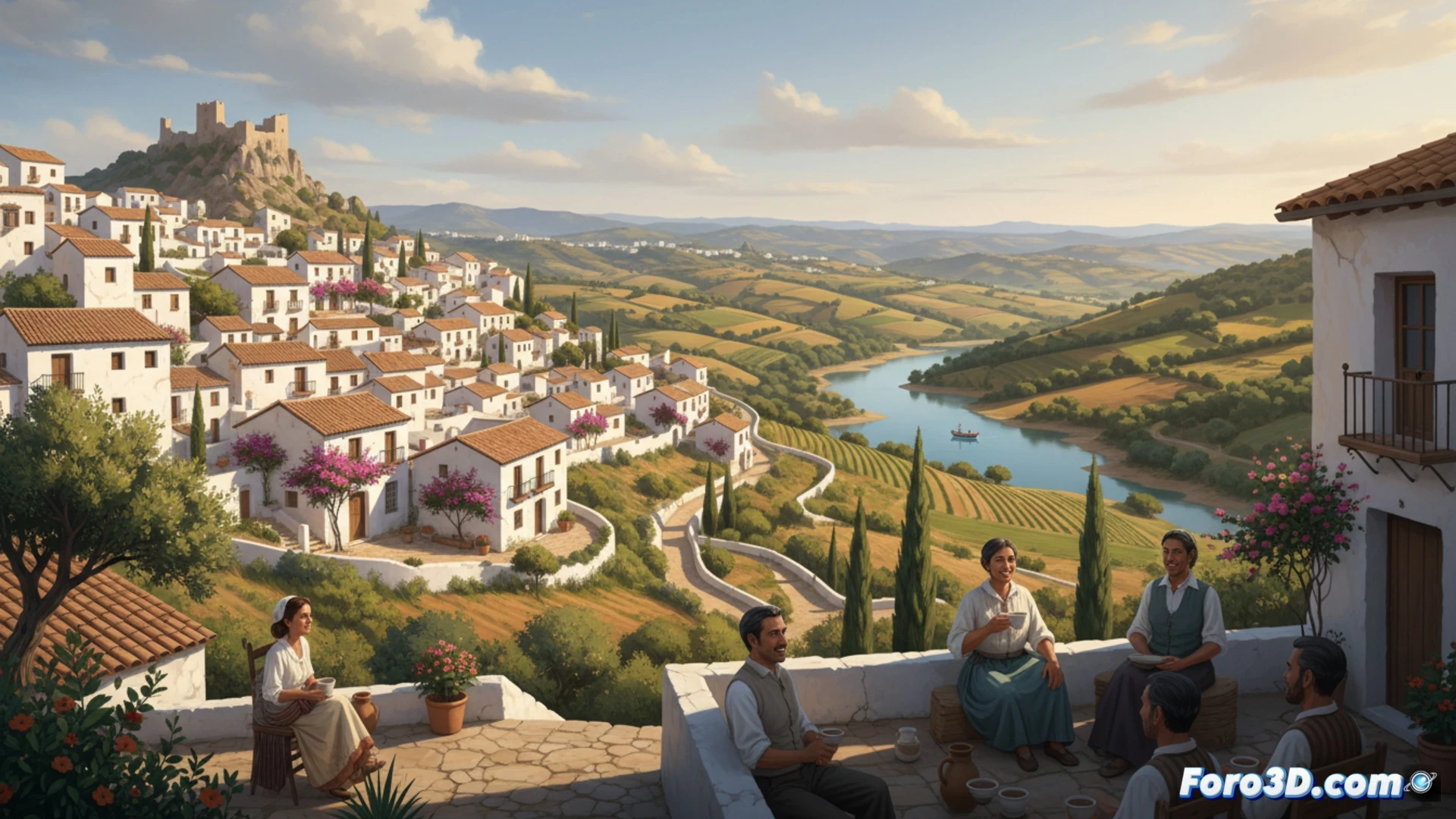 whitewashed traditional andalusian village houses cascading down a hillside, narrow cobblestone street curving through the scene, a ceramic artisan in linen clothing shaping wet clay on a spinning potter's wheel under a shaded archway, morning sunlight casting long shadows across white walls, geranium pots on blue window sills, distant sierra mountain peaks in soft haze, cinematic photorealistic architectural visualization, warm golden hour lighting, ultra-detailed stone textures, terracotta roof tiles, atmospheric depth of field, calm rural lifestyle captured in motion